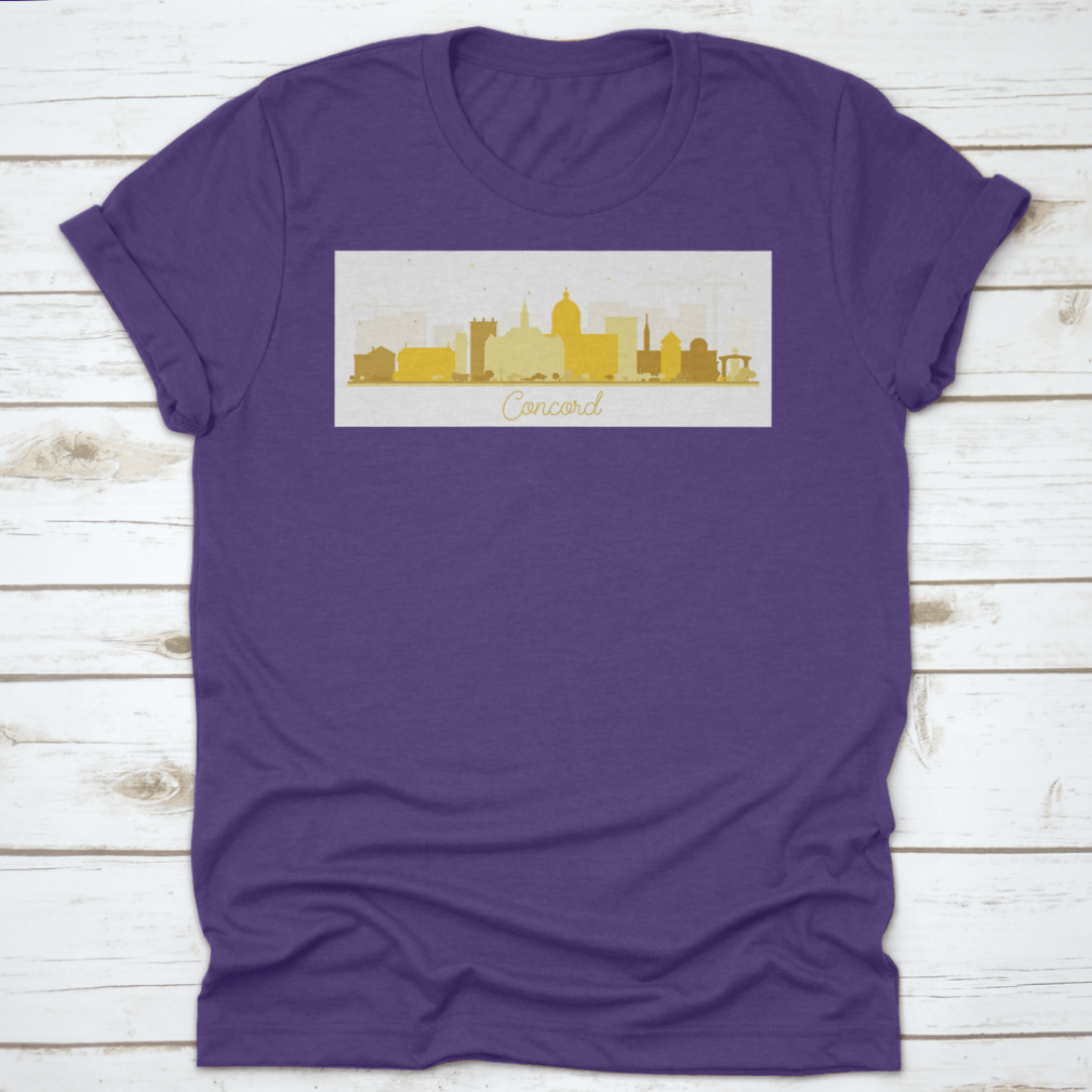 Concord New Hampshire city skyline silhouette featuring golden buildings on a stylish t-shirt.