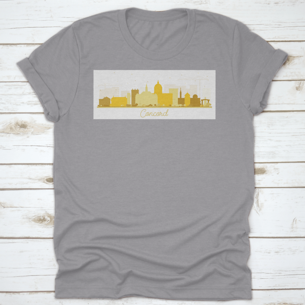Concord New Hampshire city skyline silhouette featuring golden buildings on a stylish t-shirt.