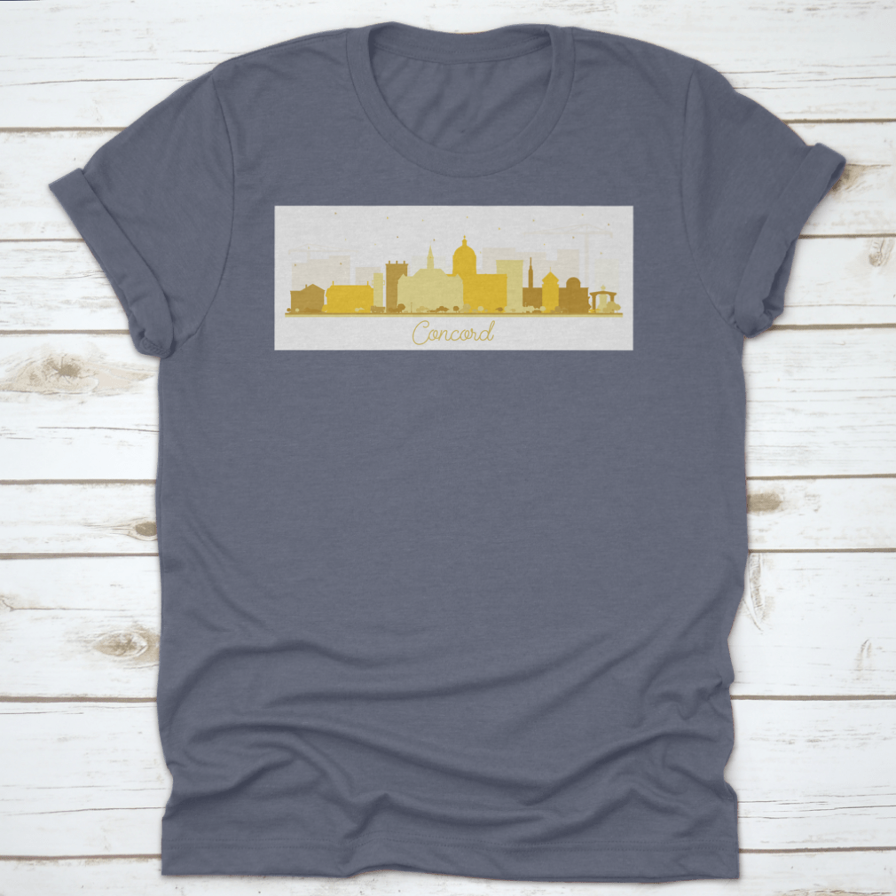 Concord New Hampshire city skyline silhouette featuring golden buildings on a stylish t-shirt.