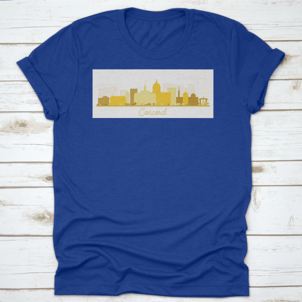 Concord New Hampshire city skyline silhouette featuring golden buildings on a stylish t-shirt.