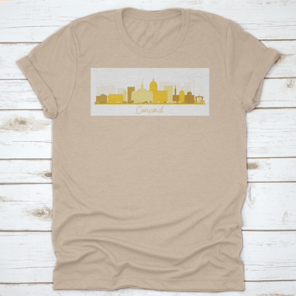 Concord New Hampshire city skyline silhouette featuring golden buildings on a stylish t-shirt.