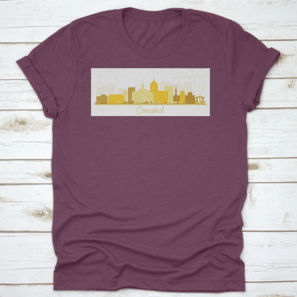 Concord New Hampshire city skyline silhouette featuring golden buildings on a stylish t-shirt.