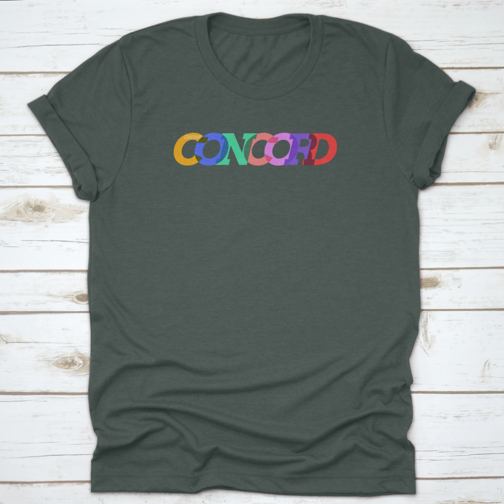 Concord T-shirt featuring the city name in colorful text on a white background, showcasing its stylish design and comfortable fit.