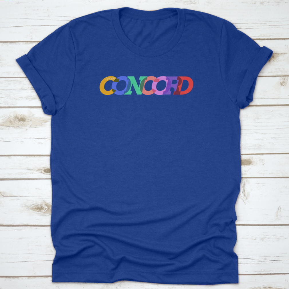 Concord T-shirt featuring the city name in colorful text on a white background, showcasing its stylish design and comfortable fit.