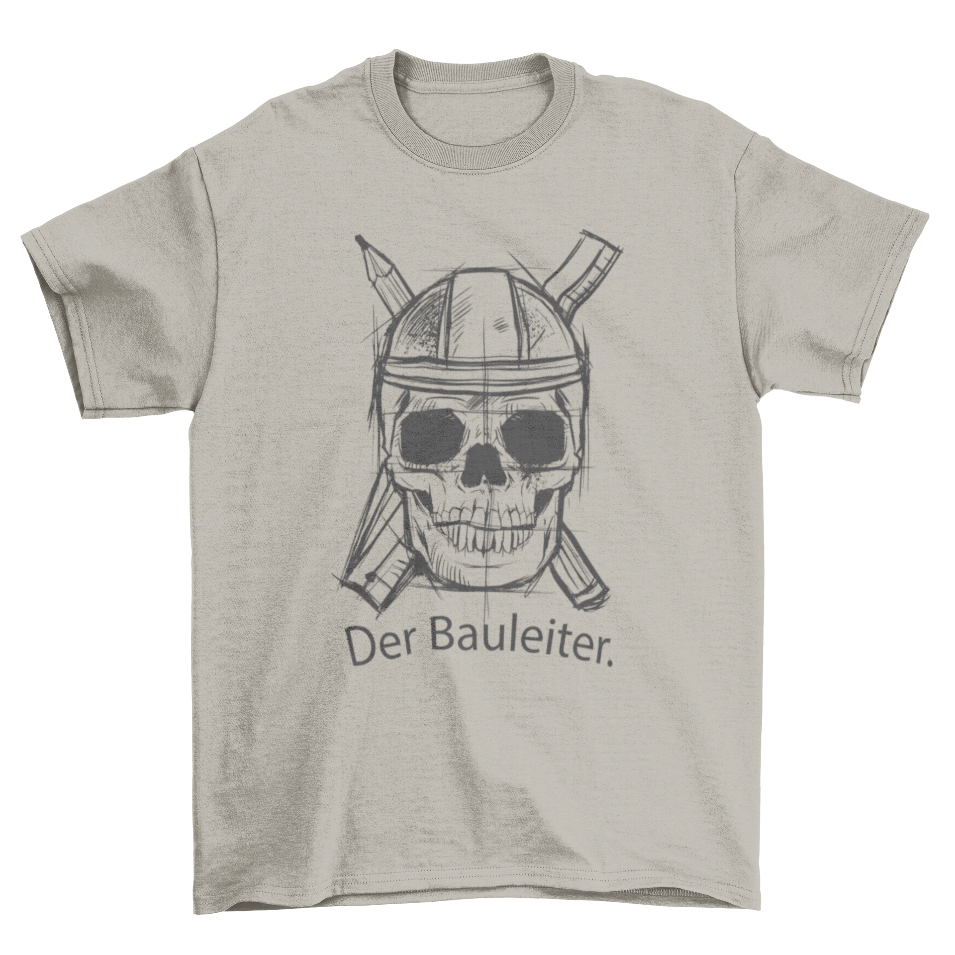Construction Skull Sketch T-Shirt featuring a skull in a helmet with the caption 'Der bauleiter'.