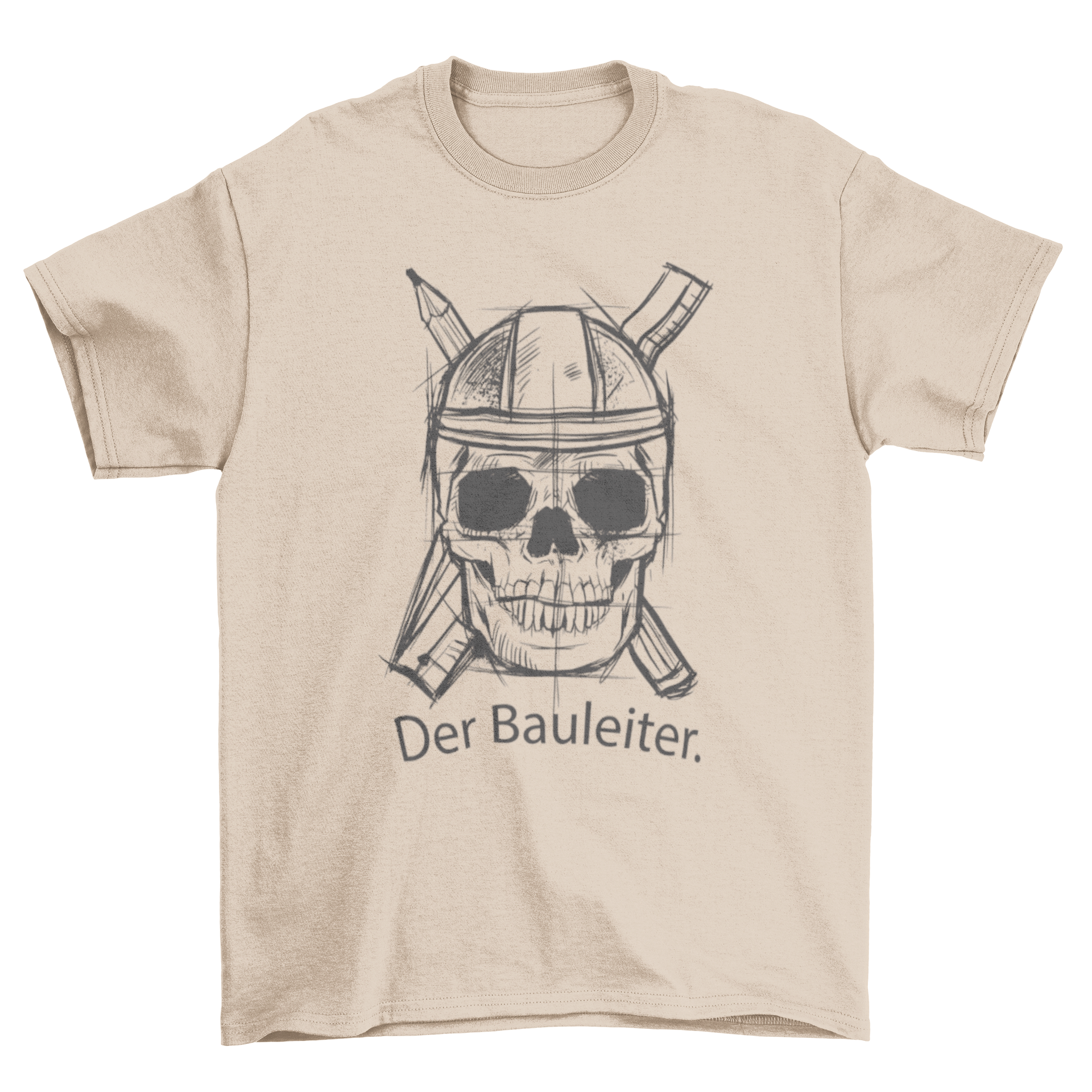 Construction Skull Sketch T-Shirt featuring a skull in a helmet with the caption 'Der bauleiter'.