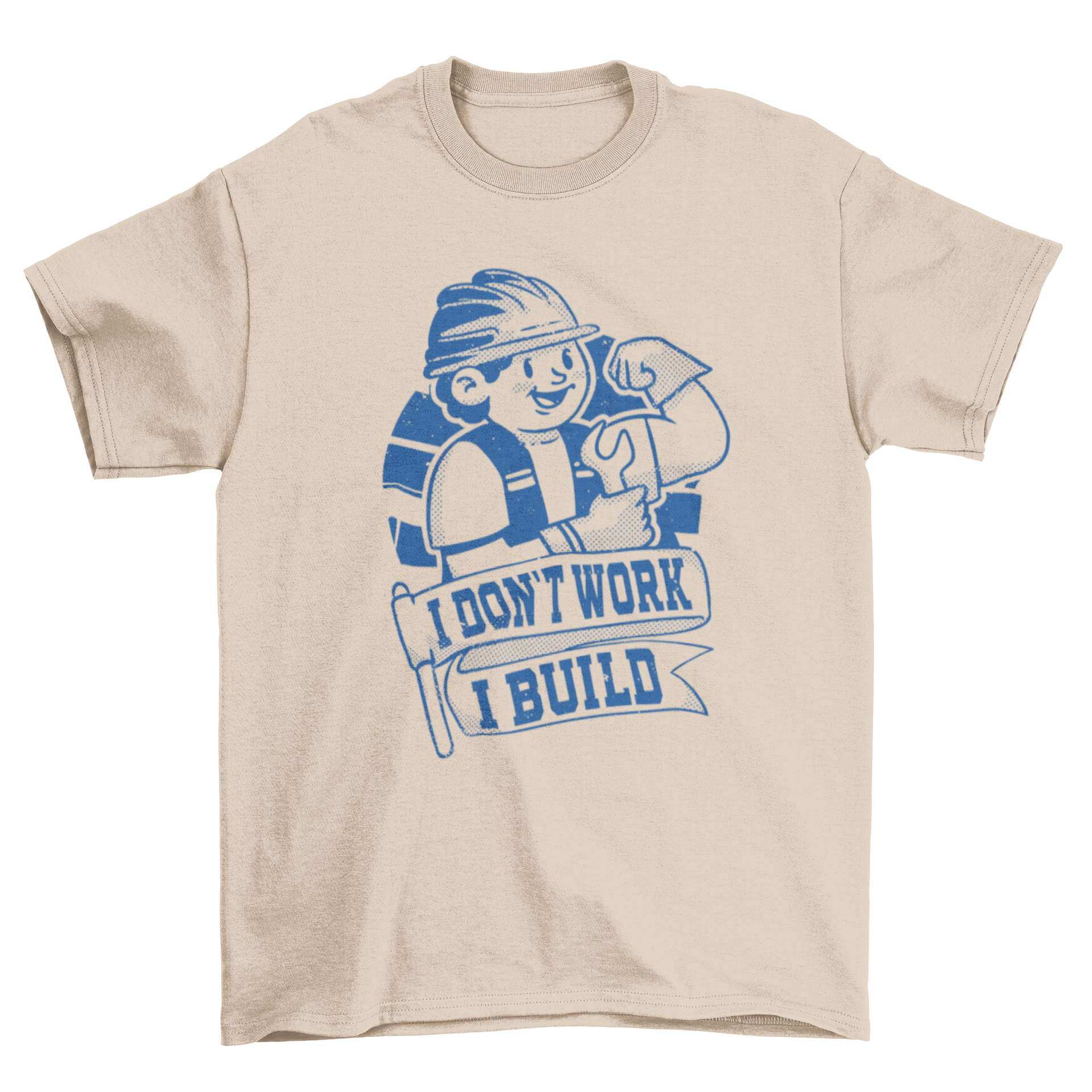 A retro cartoon styled t-shirt featuring a construction worker and the quote 'I don't work I build', showcasing vibrant colors and a fun design.