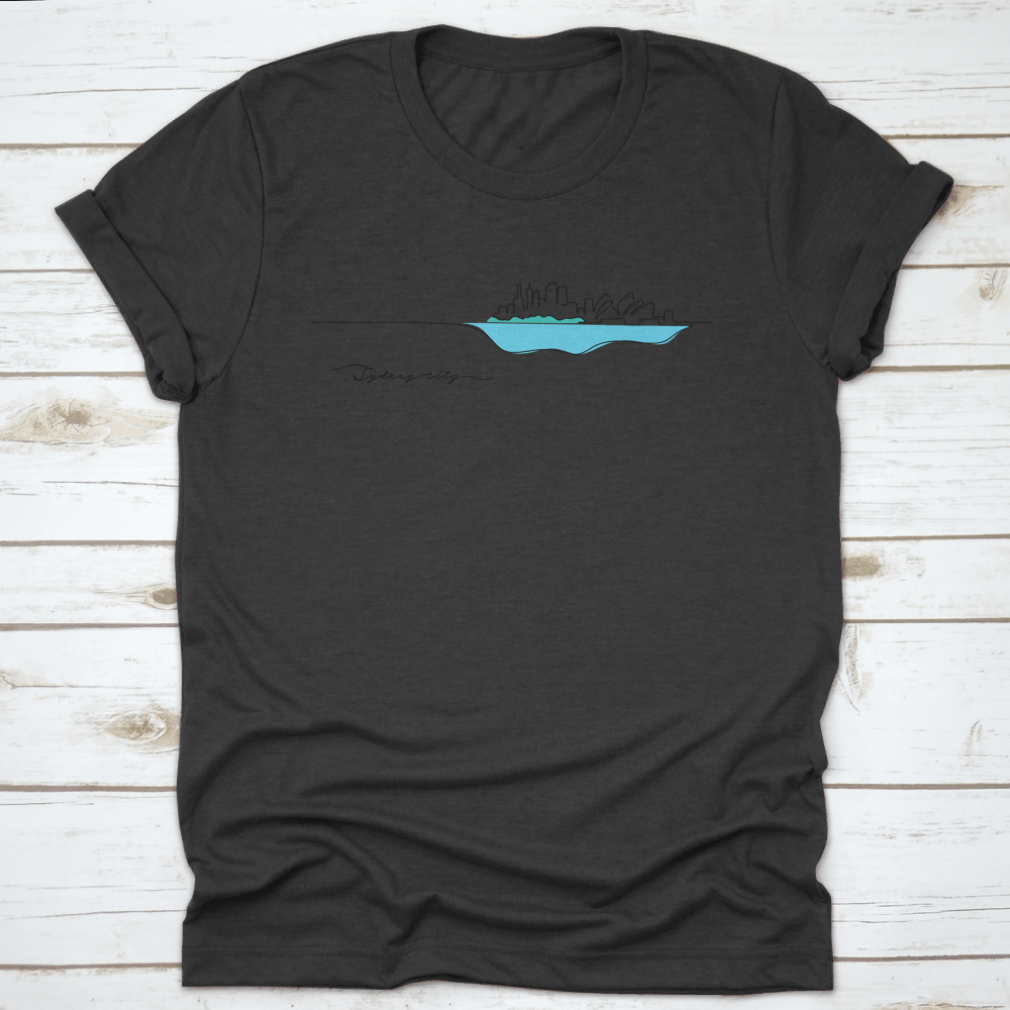 A stylish t-shirt featuring a continuous silhouette of Sydney's iconic skyline, perfect for Australia Day celebrations.