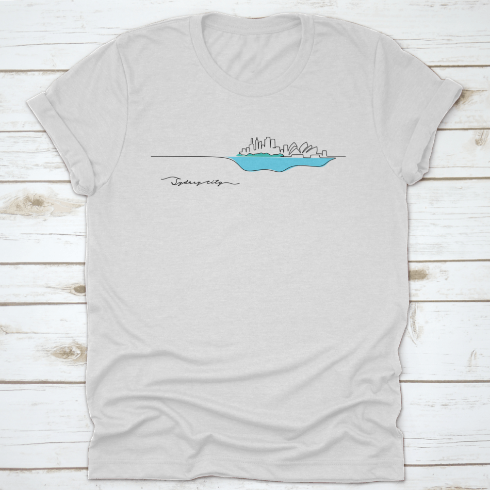 A stylish t-shirt featuring a continuous silhouette of Sydney's iconic skyline, perfect for Australia Day celebrations.