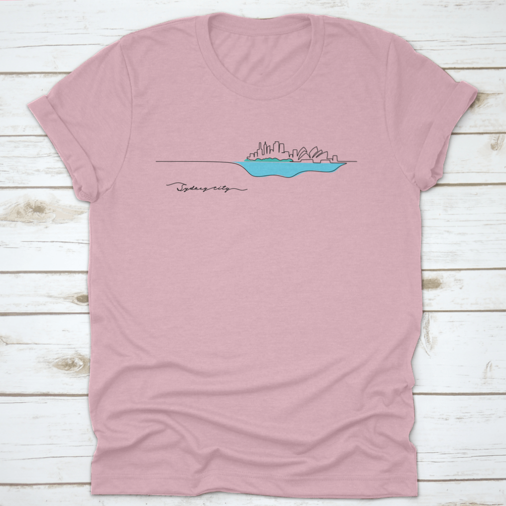 A stylish t-shirt featuring a continuous silhouette of Sydney's iconic skyline, perfect for Australia Day celebrations.