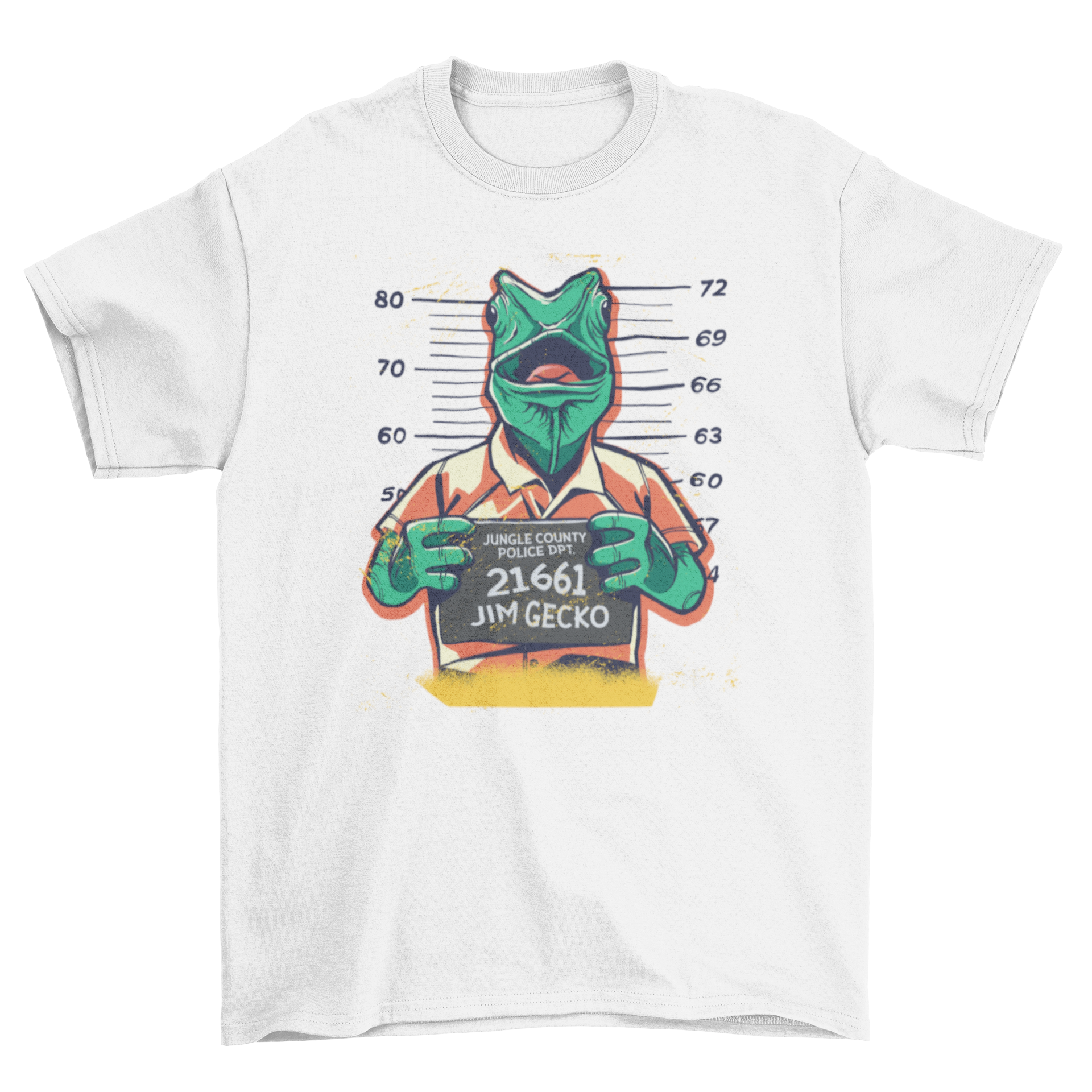 Convict Lizard T-Shirt featuring a playful gecko illustration being processed to jail.