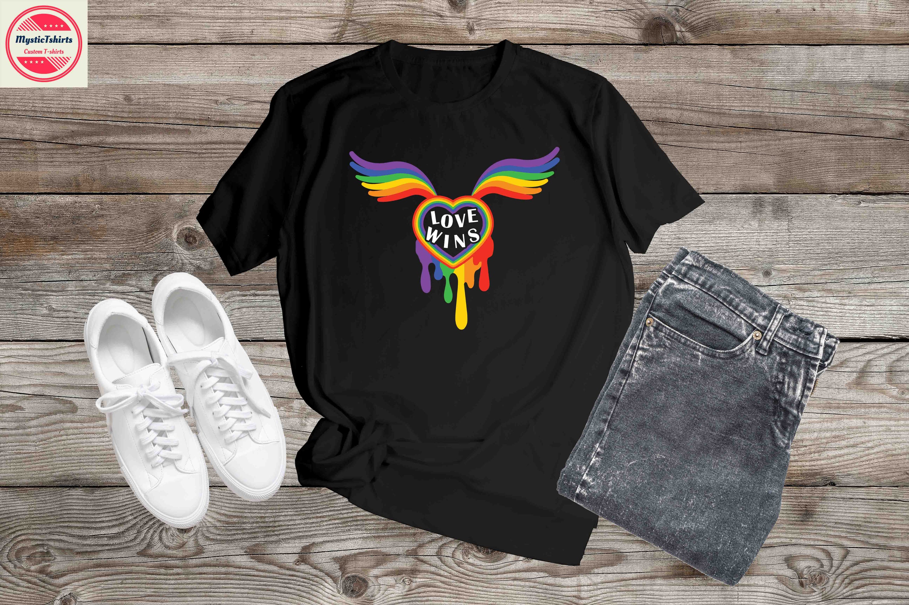 Custom-made Pride, Love Wins T-shirt featuring vibrant colors and personalized design options, made from high-quality eco-friendly materials.