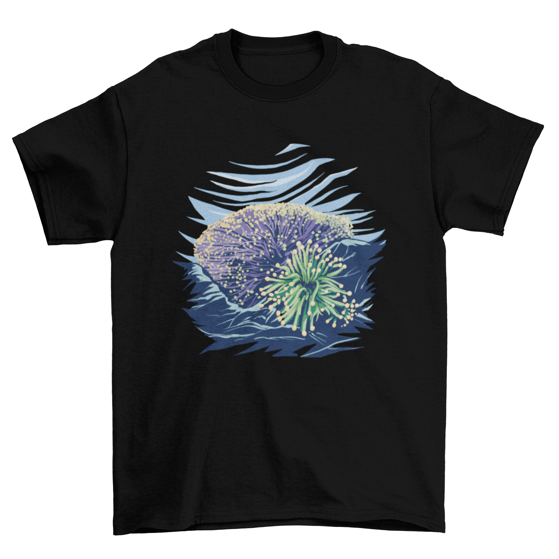 A vibrant t-shirt featuring a detailed illustration of a coral reef at the ocean's bottom, showcasing colorful marine life.