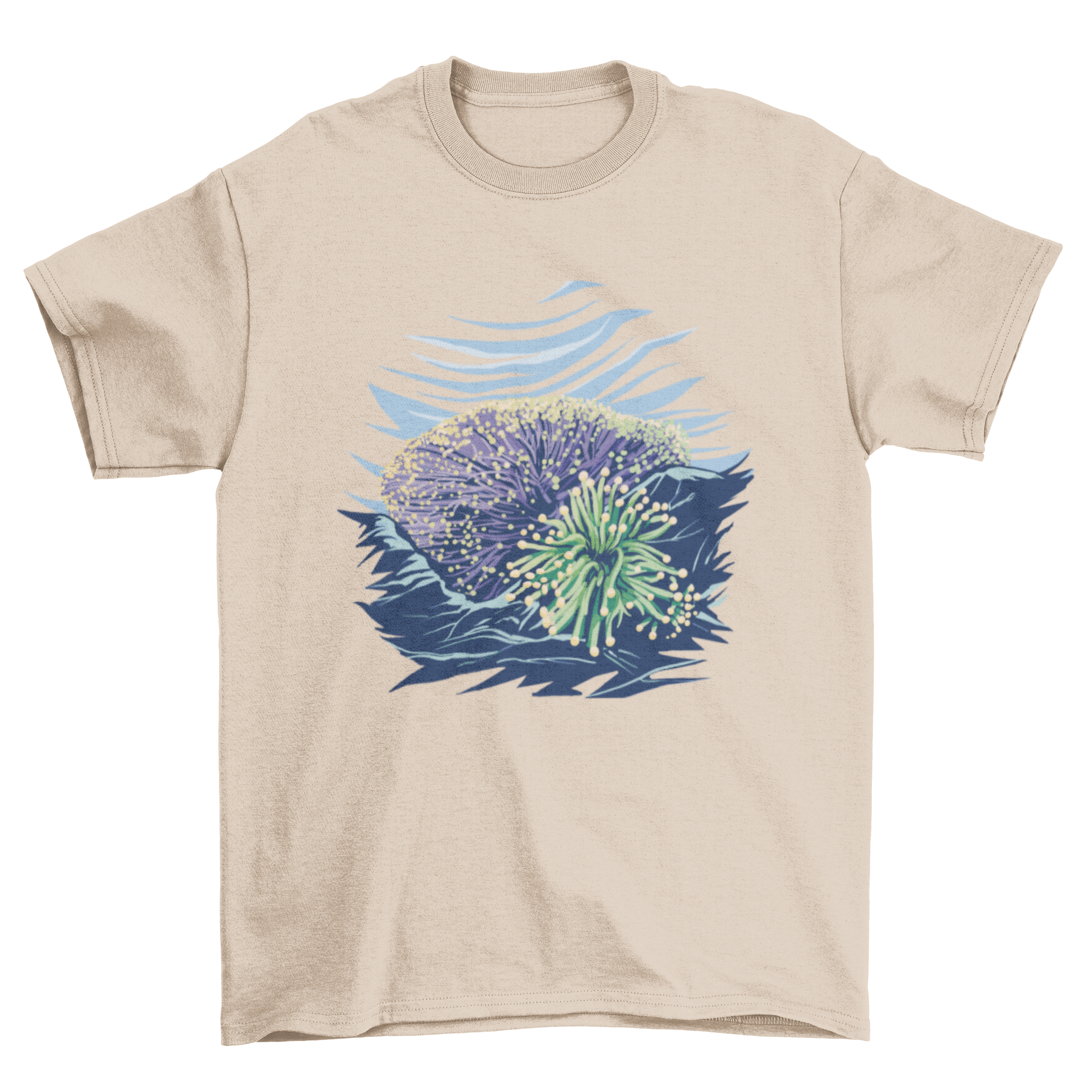 A vibrant t-shirt featuring a detailed illustration of a coral reef at the ocean's bottom, showcasing colorful marine life.