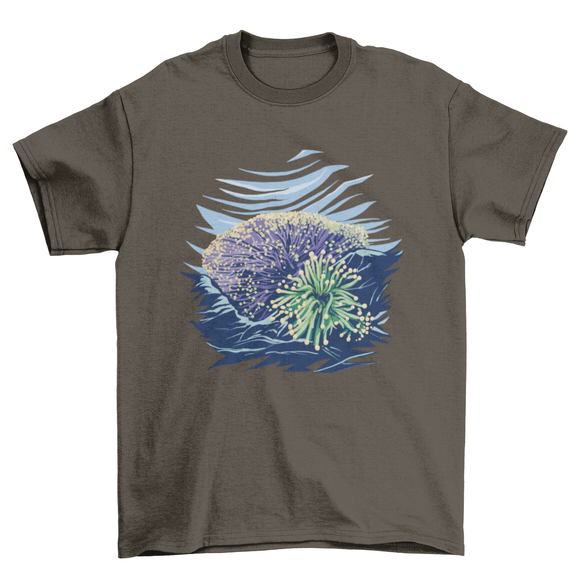 A vibrant t-shirt featuring a detailed illustration of a coral reef at the ocean's bottom, showcasing colorful marine life.