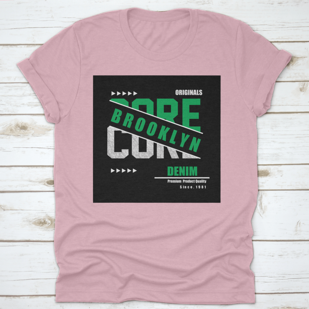 Core Denim Slogan Tee featuring graphic typography design on a classic fit t-shirt, made from 100% cotton.