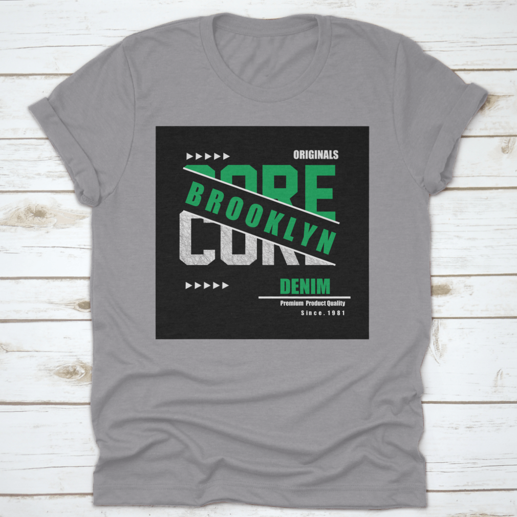 Core Denim Slogan Tee featuring graphic typography design on a classic fit t-shirt, made from 100% cotton.