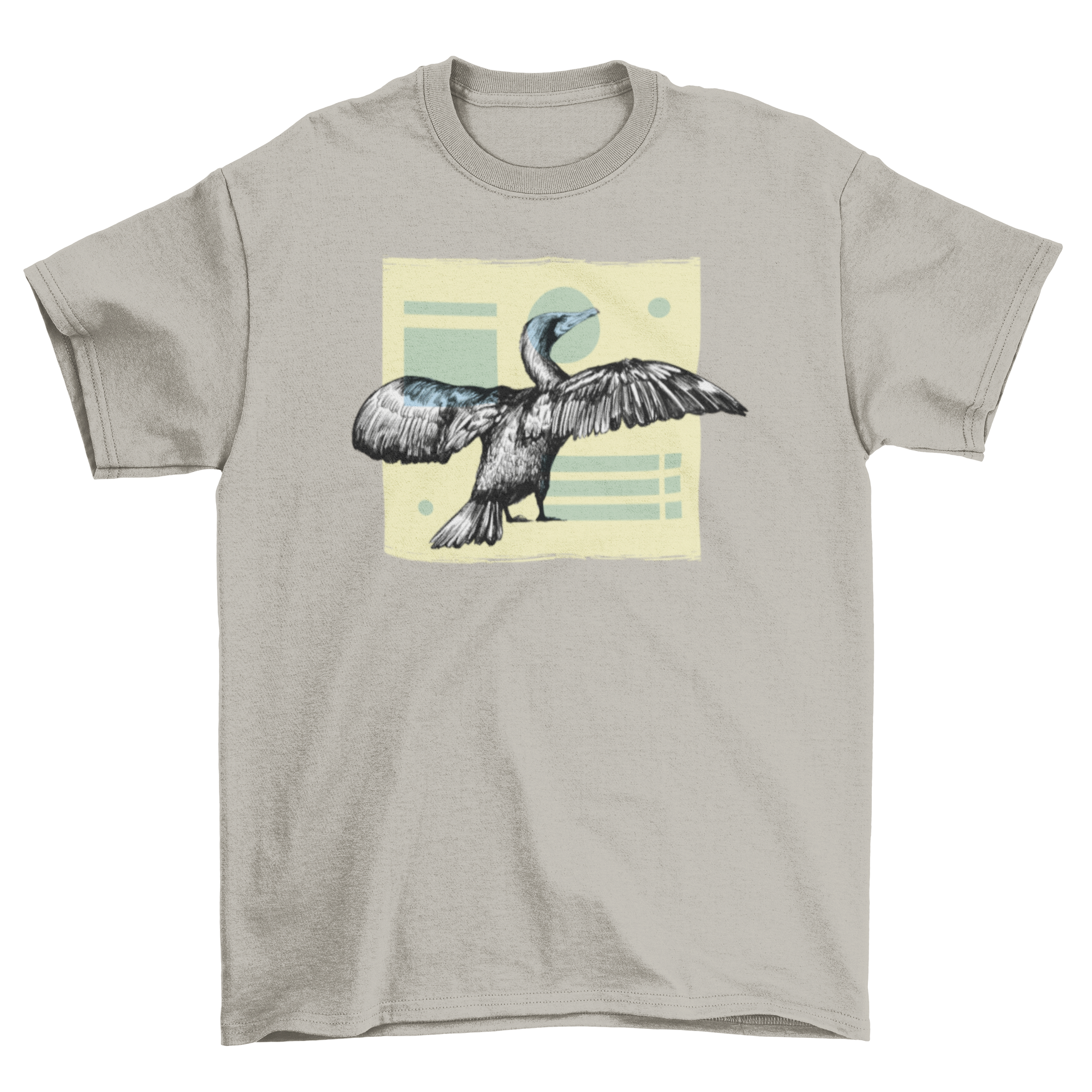 A stylish cormorant bird t-shirt featuring a detailed design of the bird, perfect for nature lovers.