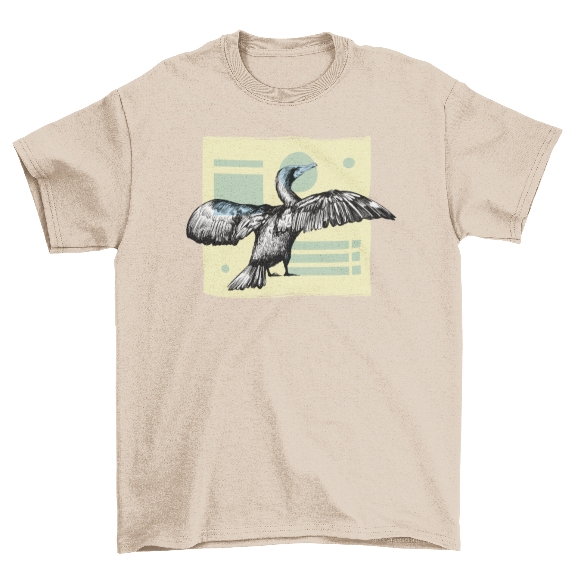 A stylish cormorant bird t-shirt featuring a detailed design of the bird, perfect for nature lovers.