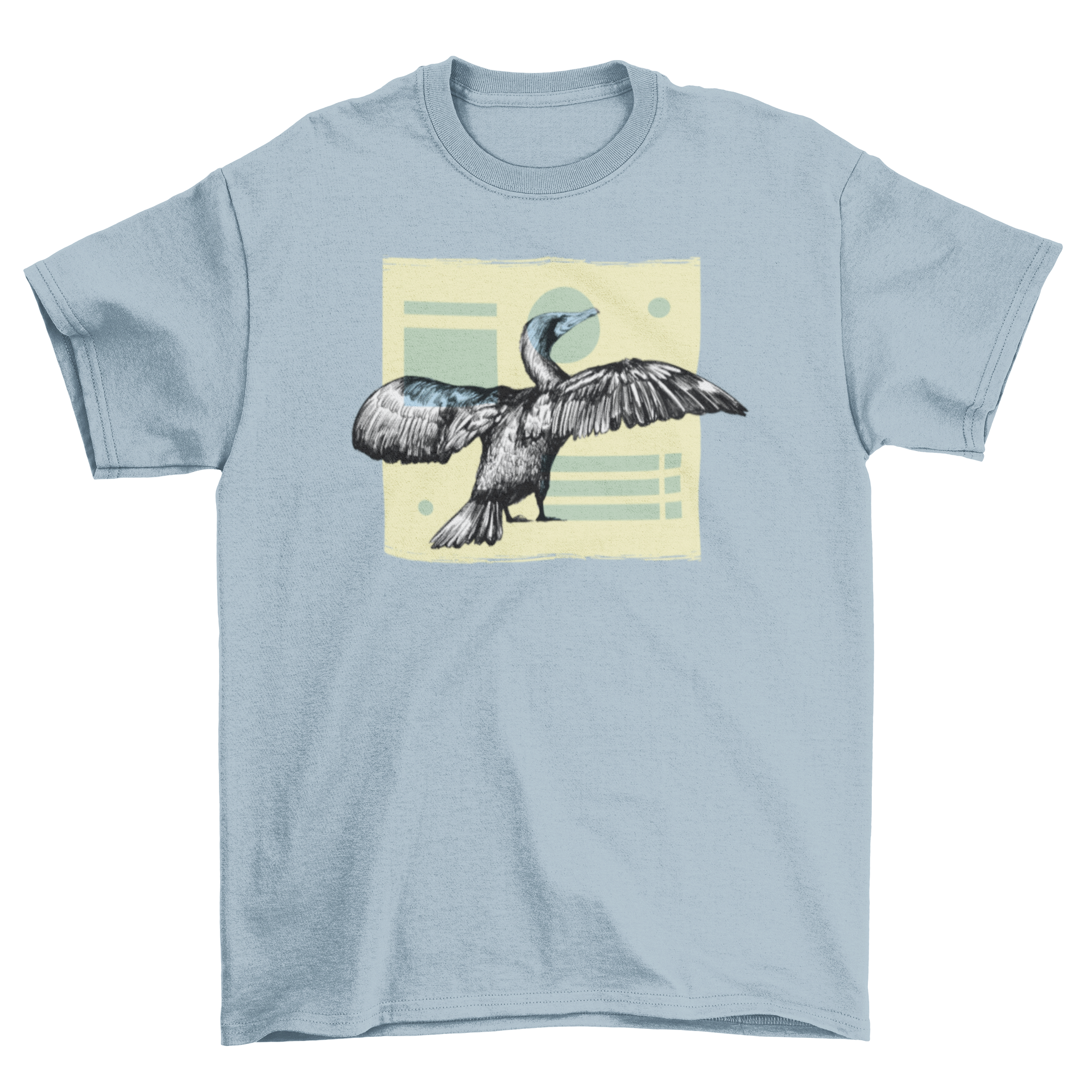 A stylish cormorant bird t-shirt featuring a detailed design of the bird, perfect for nature lovers.