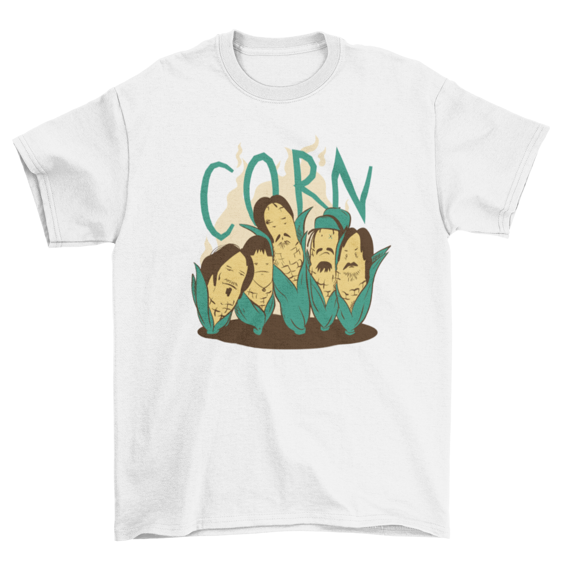 A playful t-shirt featuring cheerful corns with faces, perfect for casual wear.