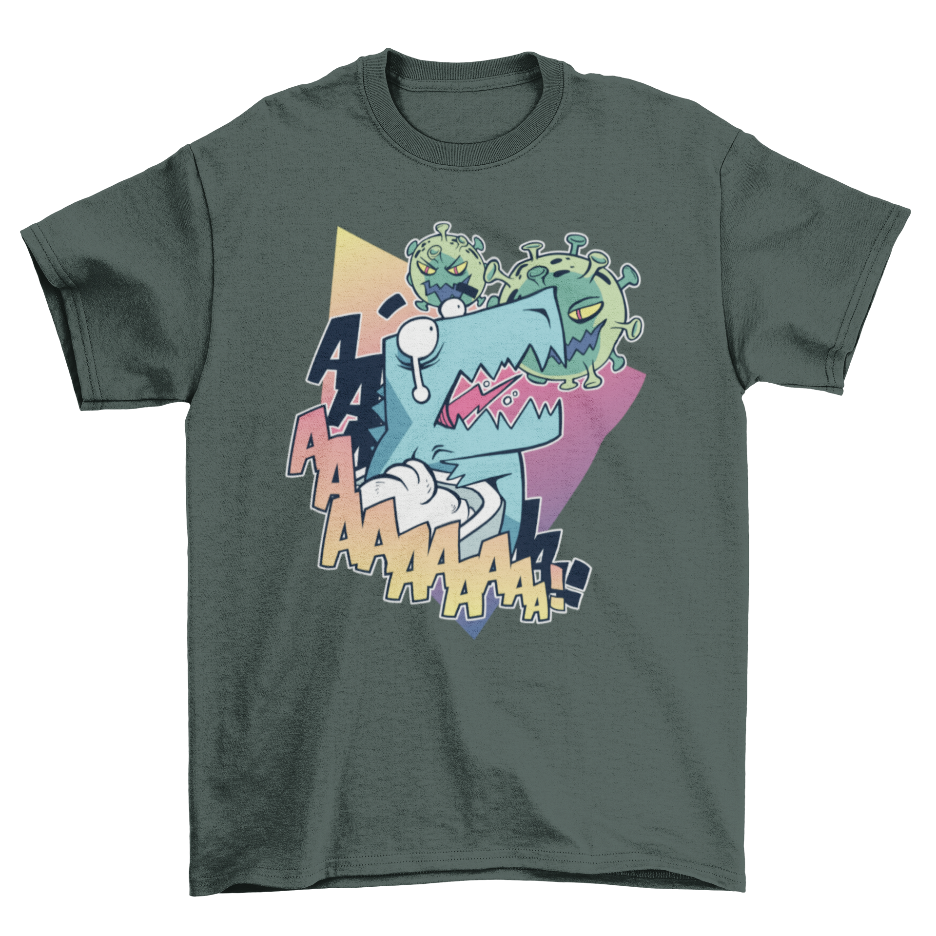 A humorous t-shirt featuring a crying T-Rex dinosaur being attacked by the coronavirus, showcasing a playful design.