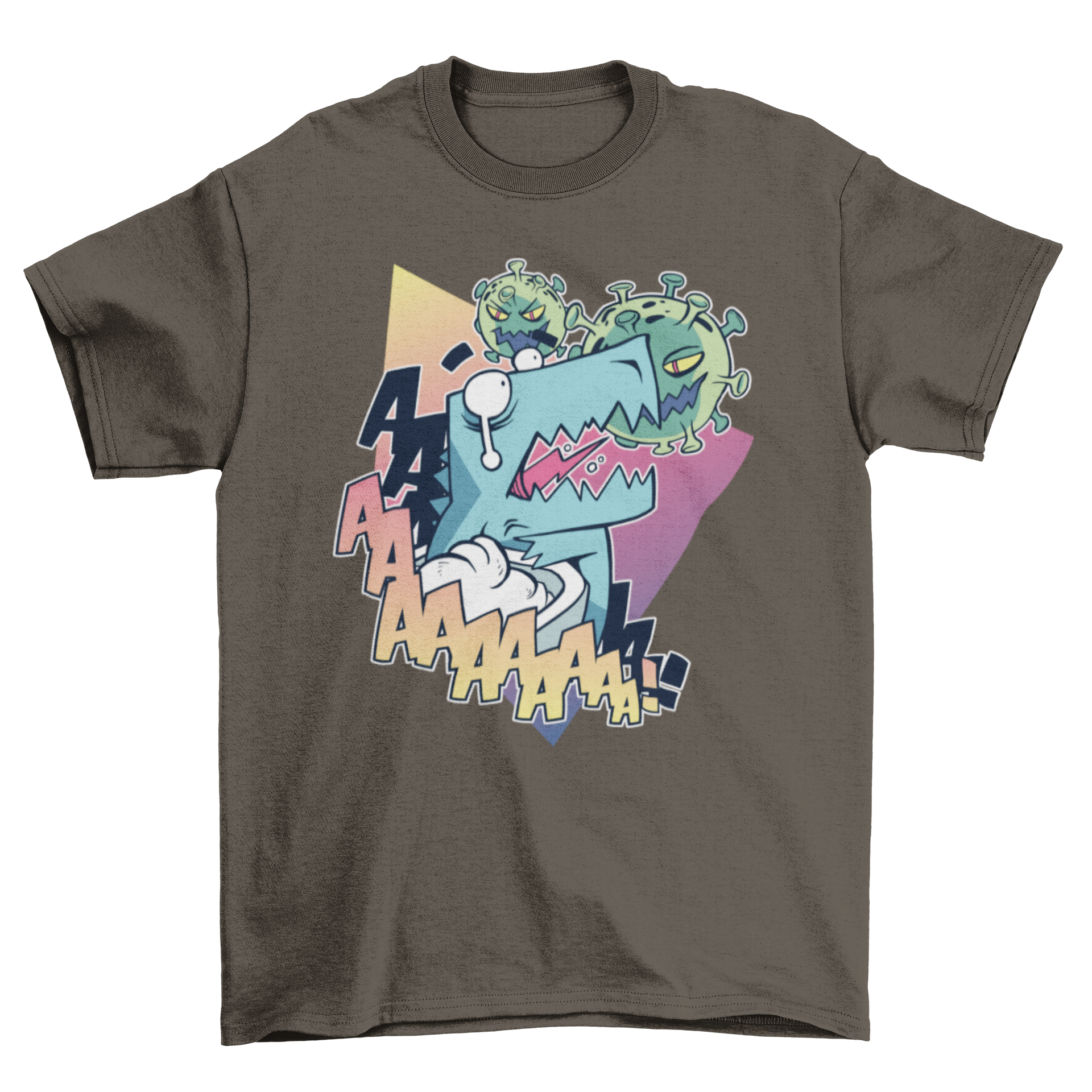 A humorous t-shirt featuring a crying T-Rex dinosaur being attacked by the coronavirus, showcasing a playful design.