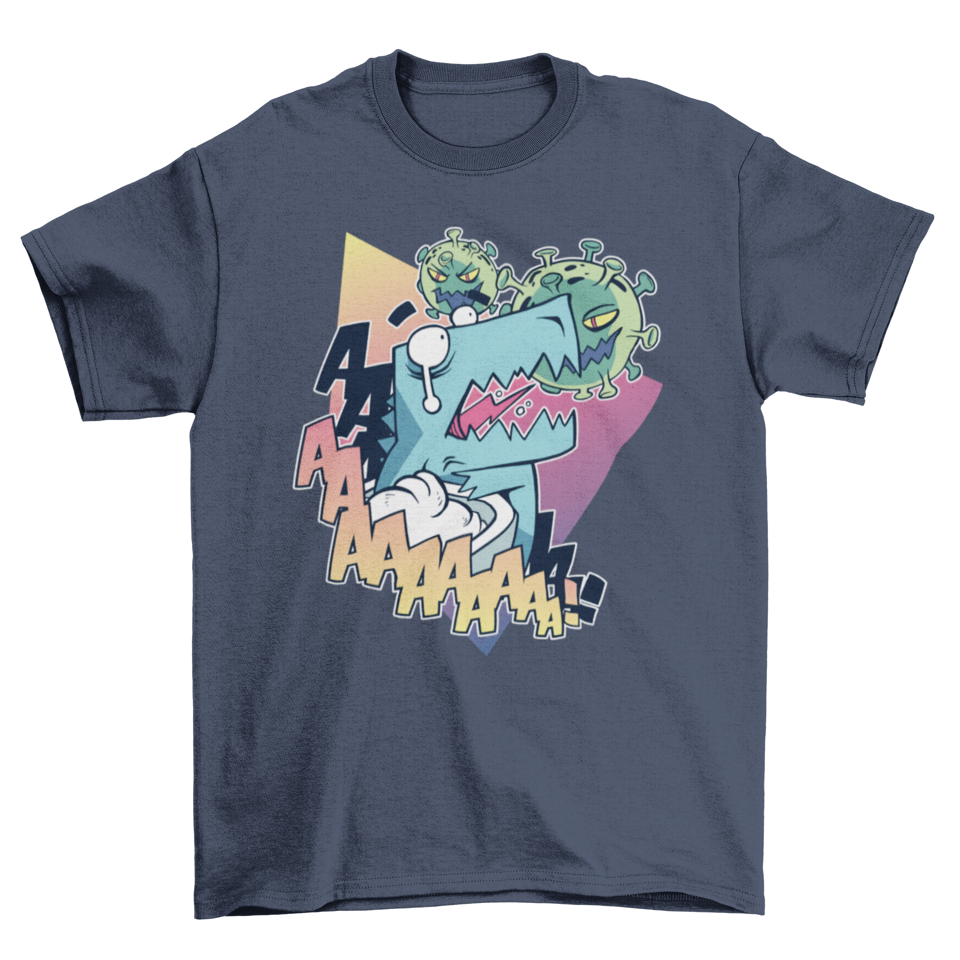 A humorous t-shirt featuring a crying T-Rex dinosaur being attacked by the coronavirus, showcasing a playful design.