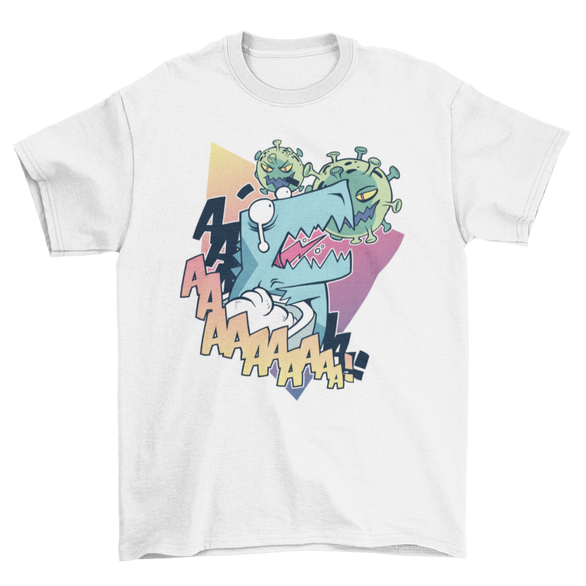 A humorous t-shirt featuring a crying T-Rex dinosaur being attacked by the coronavirus, showcasing a playful design.