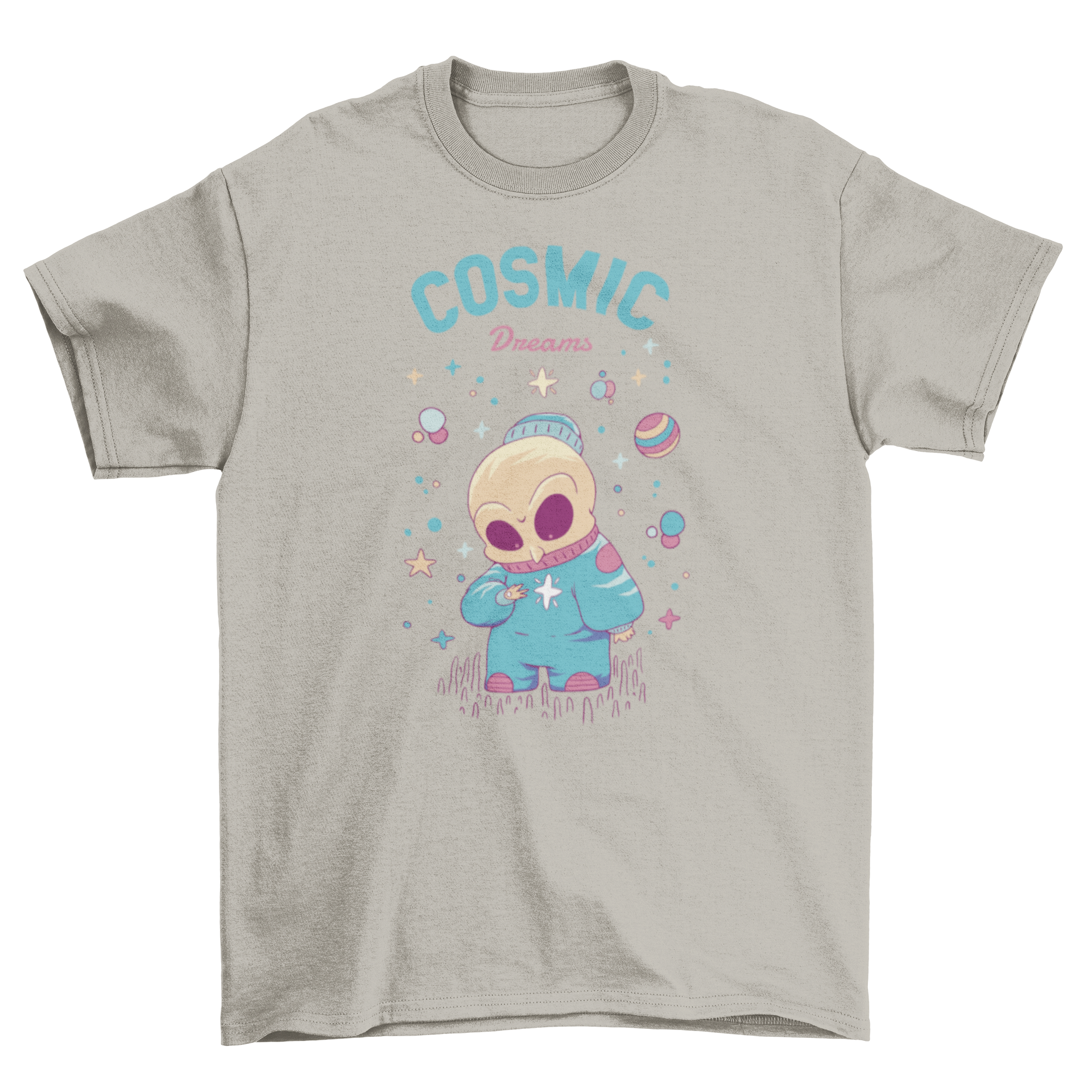 Cosmic Dreams Space Skull T-Shirt featuring a skeleton in space with vibrant colors and the quote 'Cosmic dreams'.