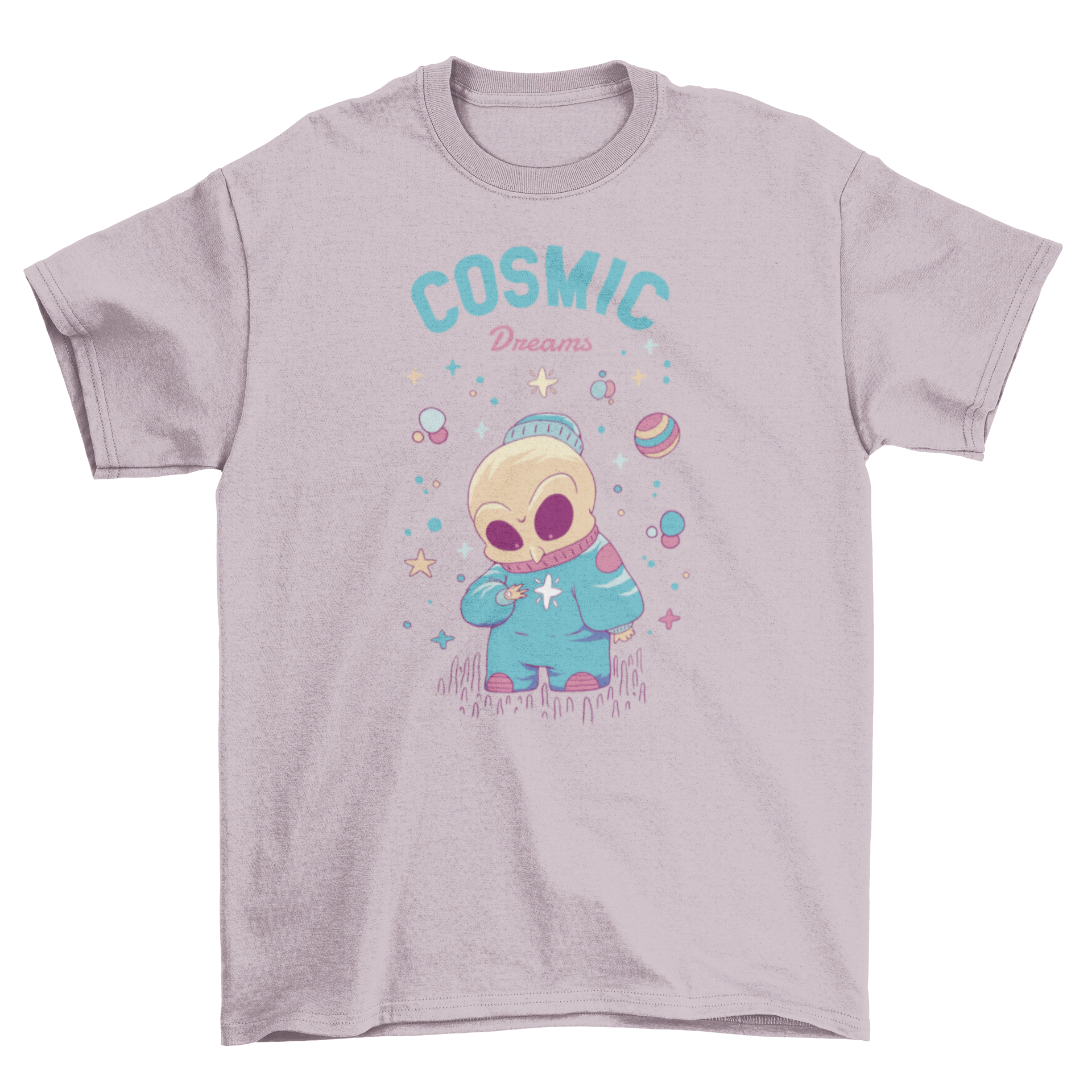 Cosmic Dreams Space Skull T-Shirt featuring a skeleton in space with vibrant colors and the quote 'Cosmic dreams'.