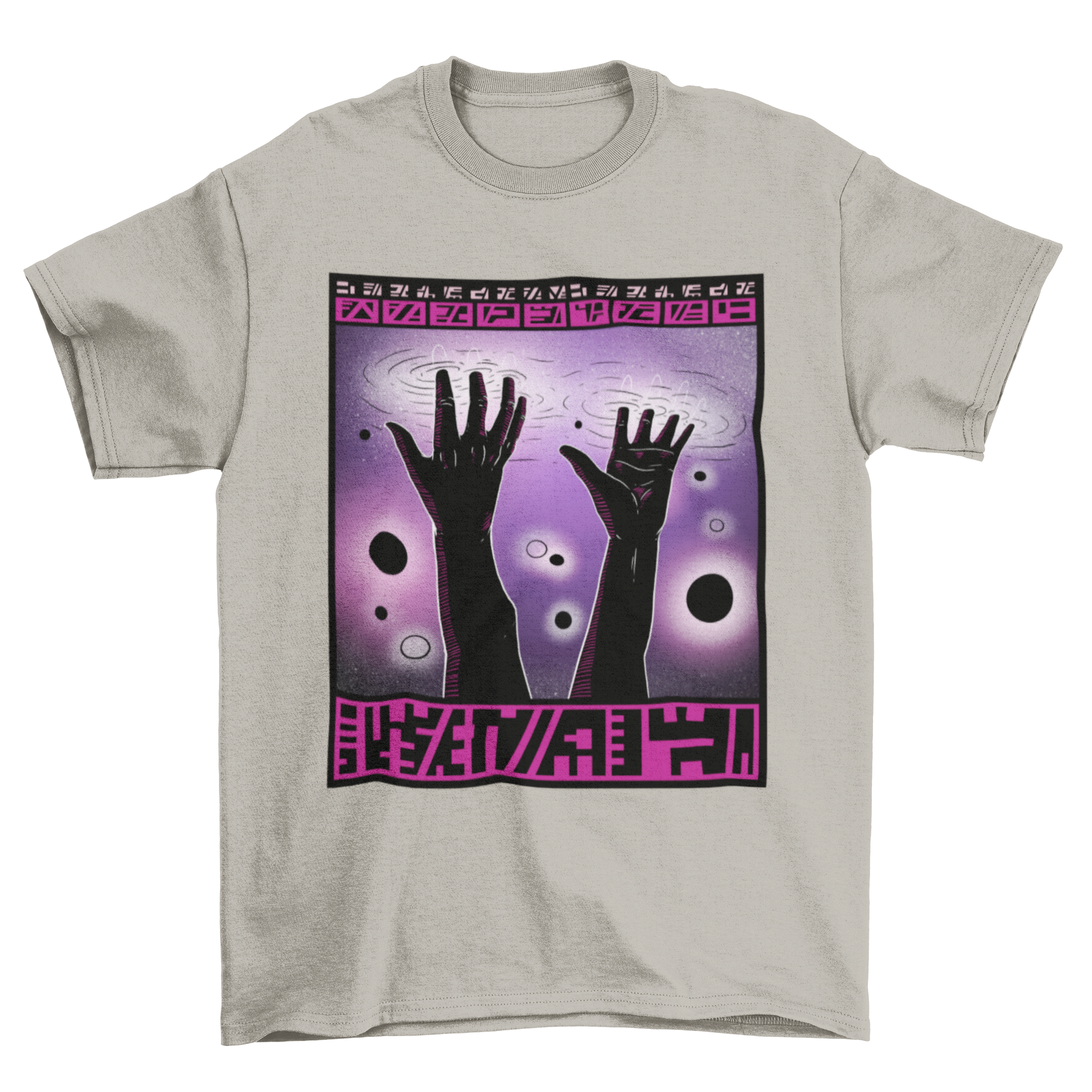 A vibrant t-shirt featuring cosmic hands reaching out in space, surrounded by stars and galaxies.