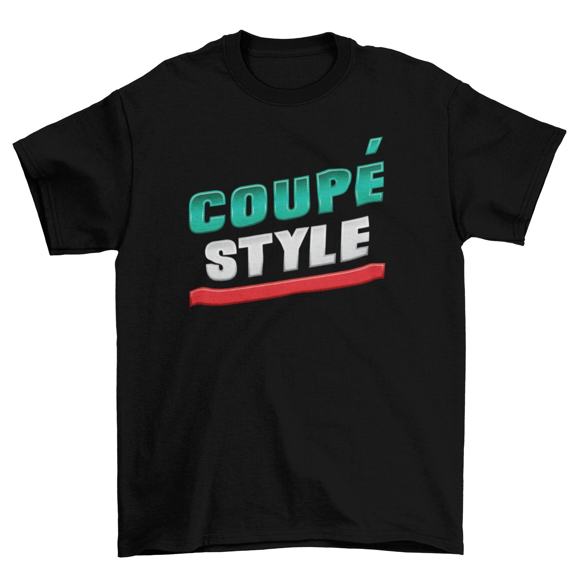Coupe style graphic t-shirt featuring bold lettering in green, white, and red colors.