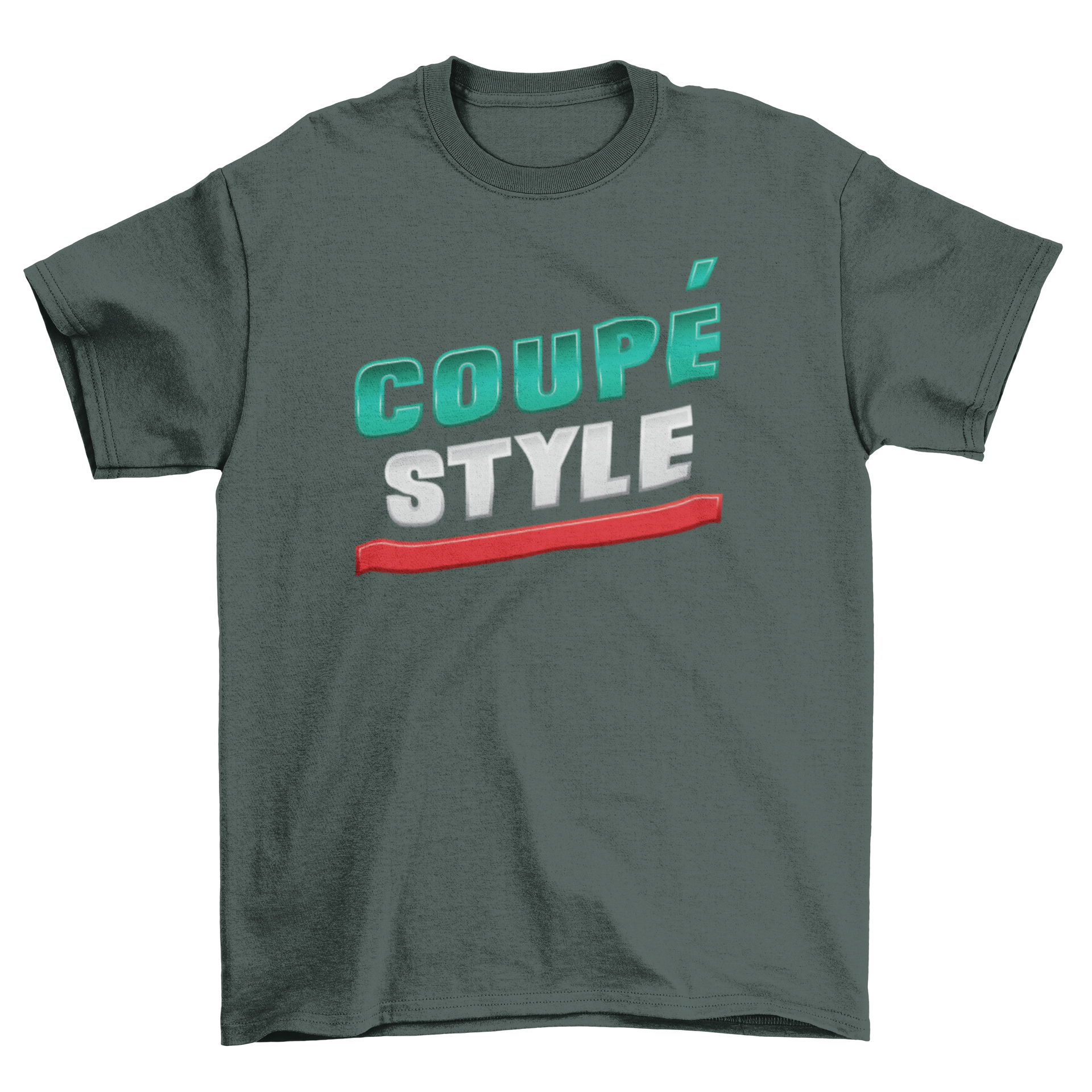 Coupe style graphic t-shirt featuring bold lettering in green, white, and red colors.