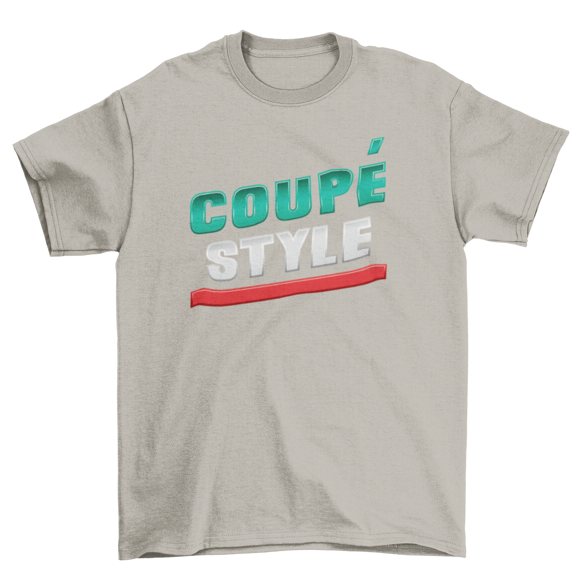 Coupe style graphic t-shirt featuring bold lettering in green, white, and red colors.
