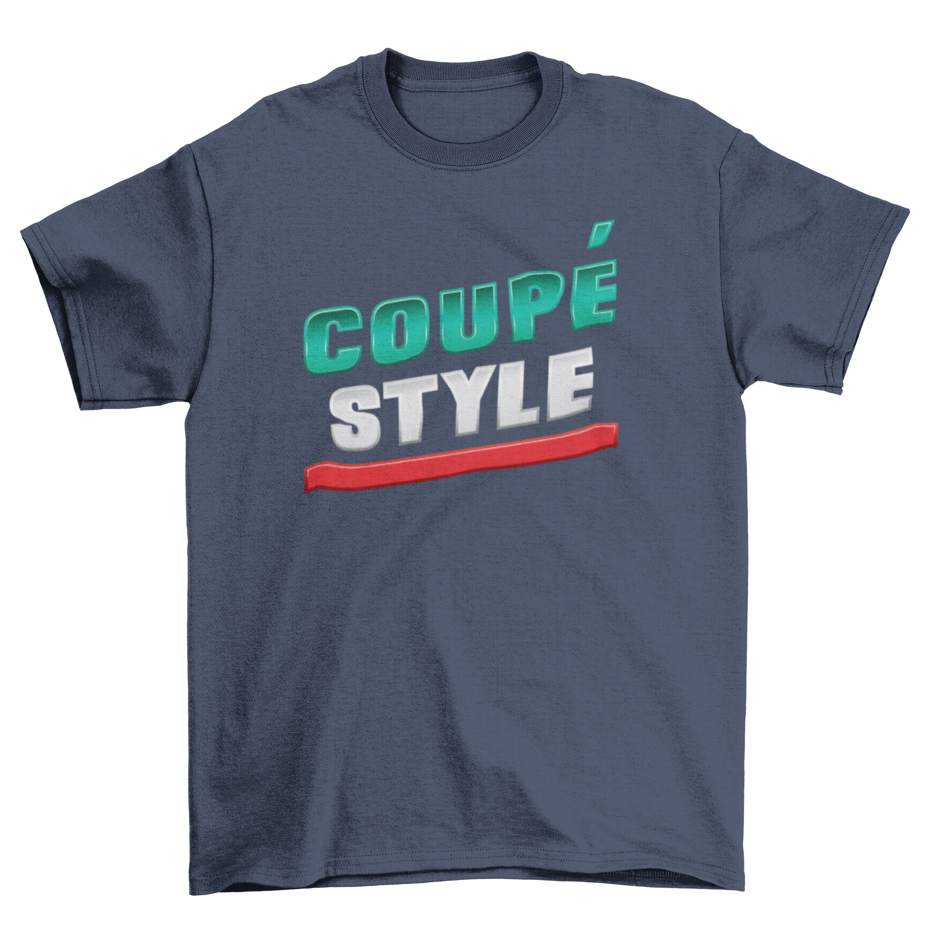Coupe style graphic t-shirt featuring bold lettering in green, white, and red colors.