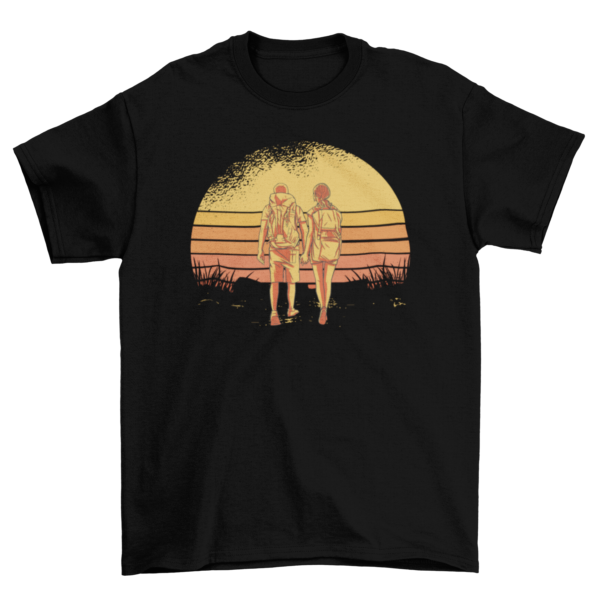 Couple hiking towards a vibrant retro sunset on a t-shirt, showcasing adventure and love.
