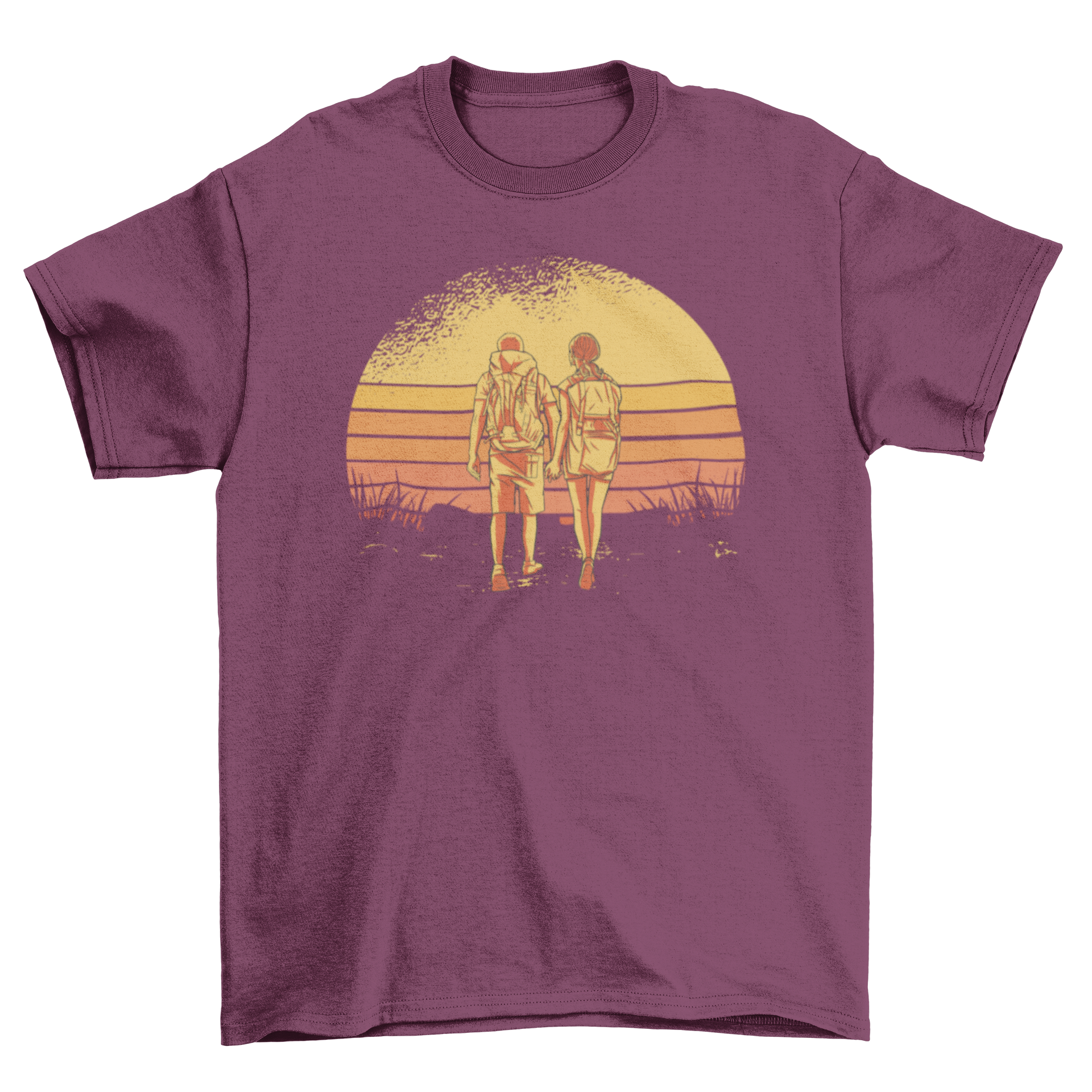Couple hiking towards a vibrant retro sunset on a t-shirt, showcasing adventure and love.