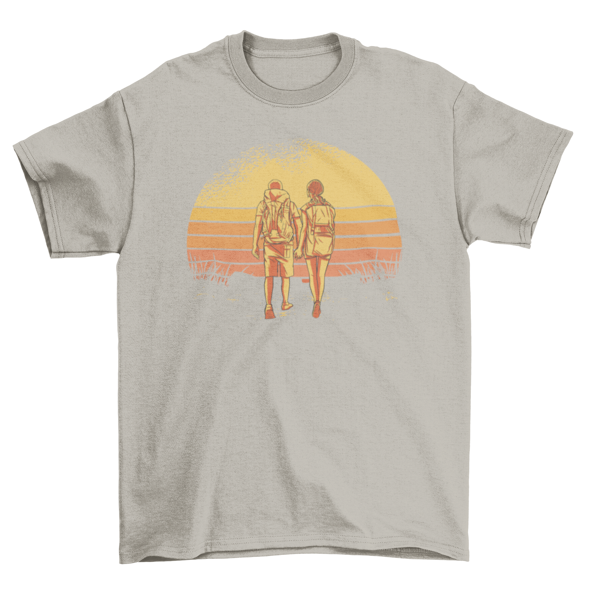 Couple hiking towards a vibrant retro sunset on a t-shirt, showcasing adventure and love.