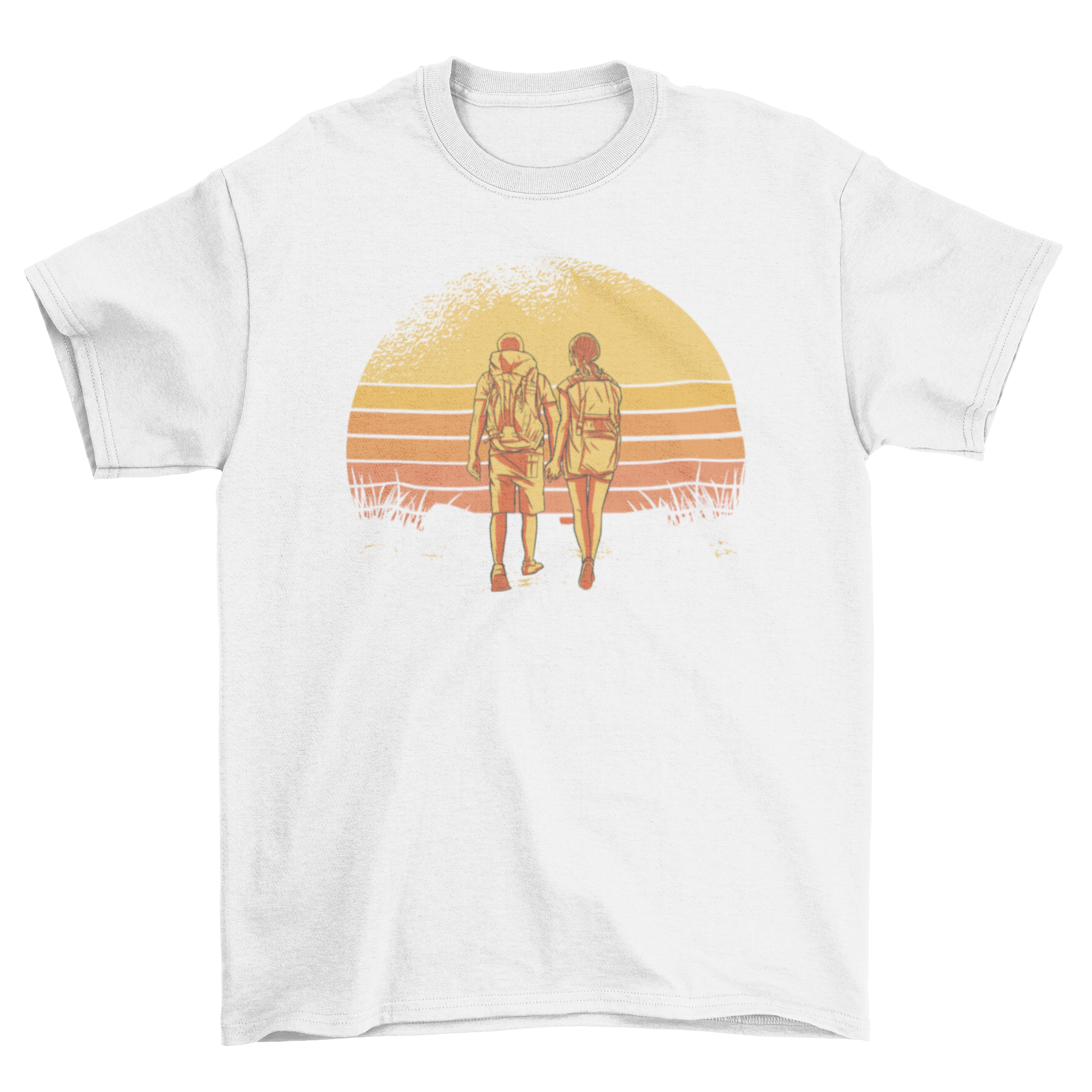 Couple hiking towards a vibrant retro sunset on a t-shirt, showcasing adventure and love.