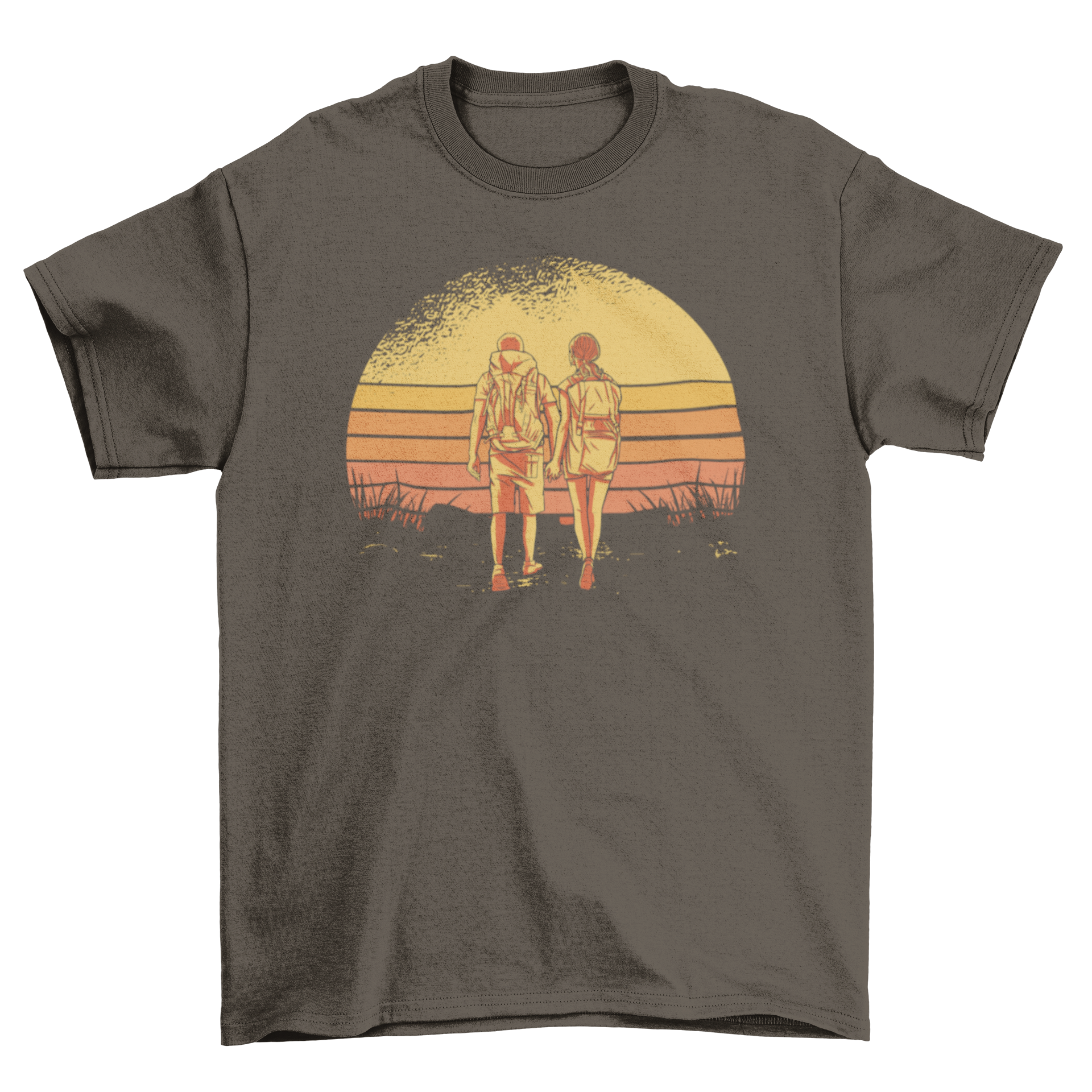 Couple hiking towards a vibrant retro sunset on a t-shirt, showcasing adventure and love.