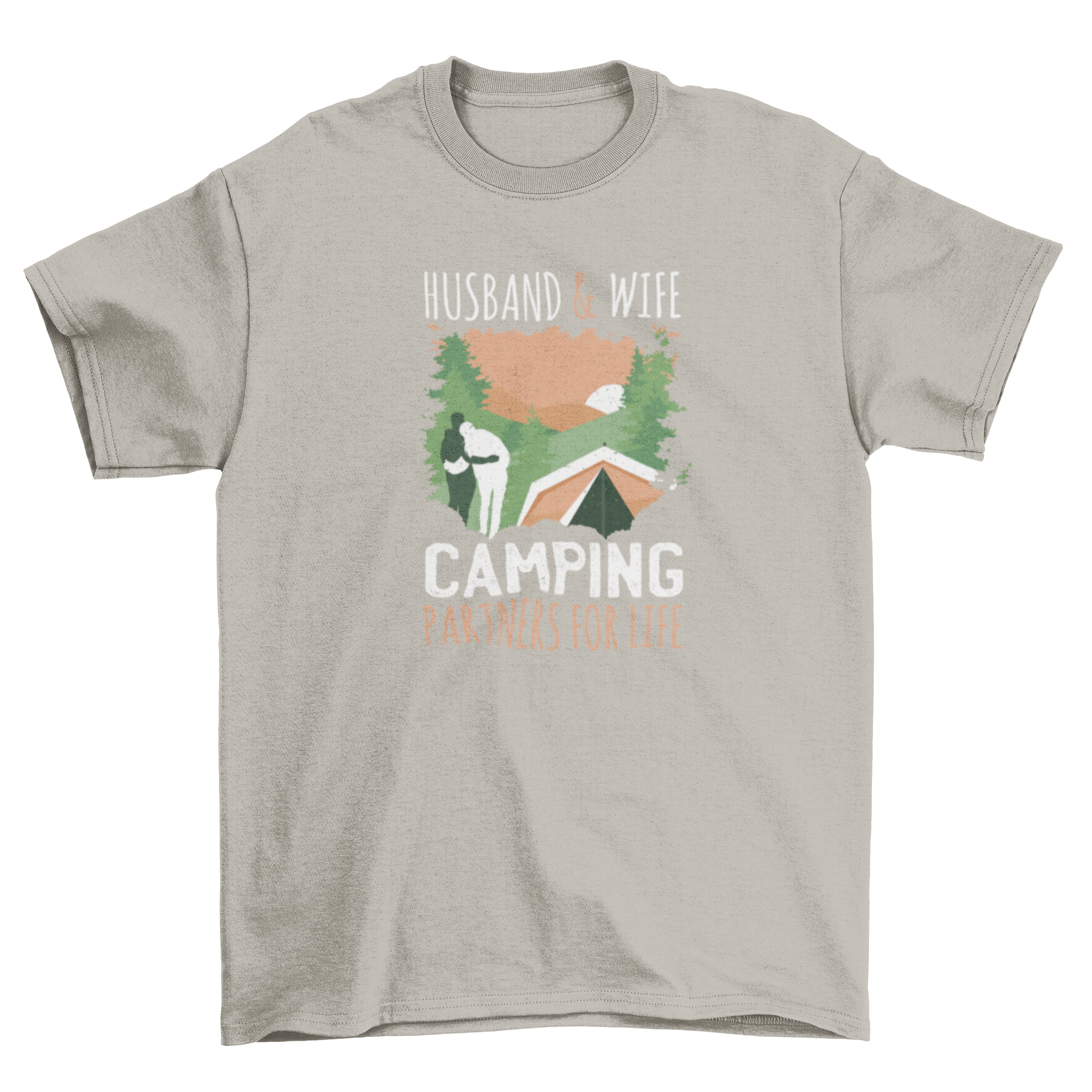Couple silhouette in a forest at sundown, wearing a t-shirt with 'husband & wife camping partners for life' caption.