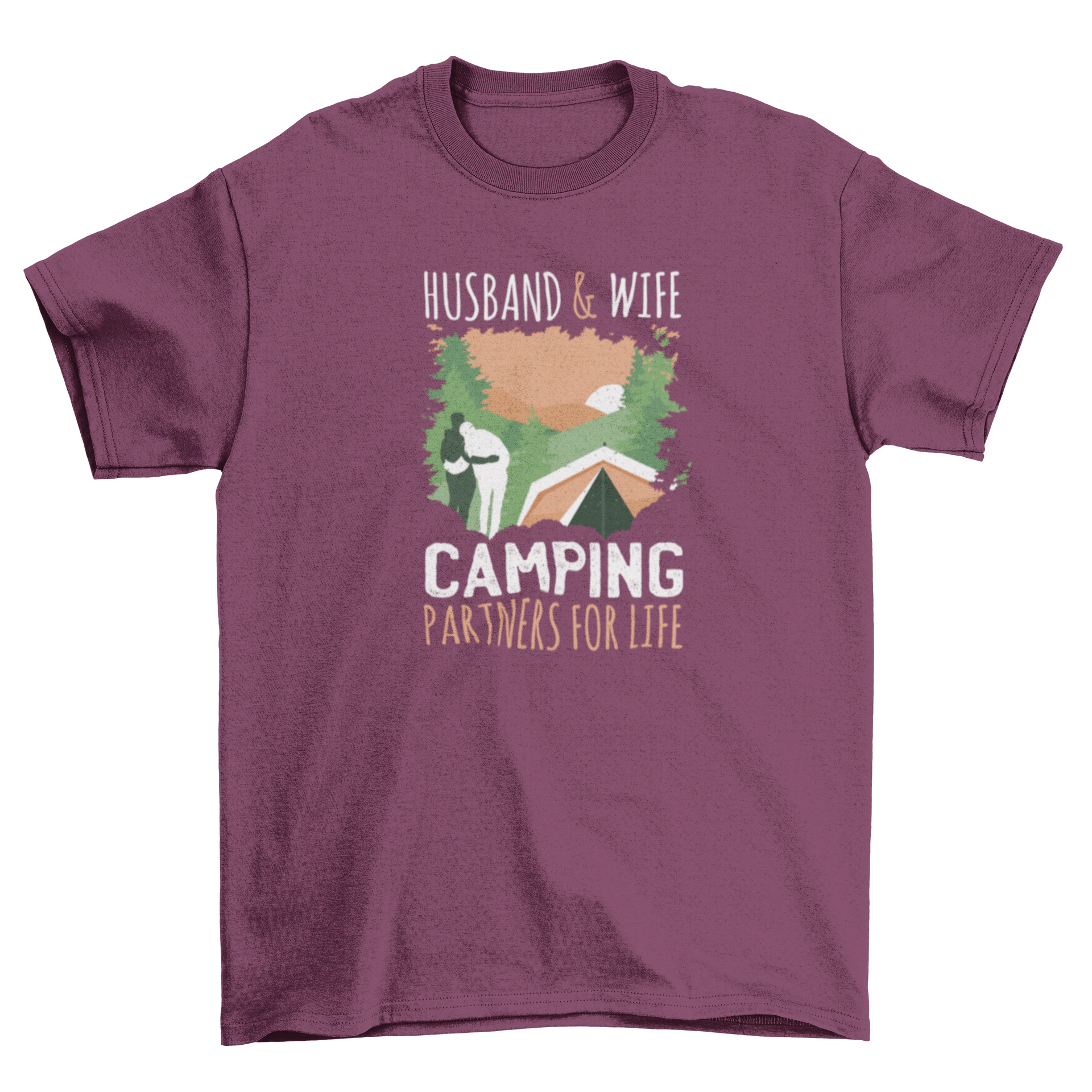 Couple silhouette in a forest at sundown, wearing a t-shirt with 'husband & wife camping partners for life' caption.