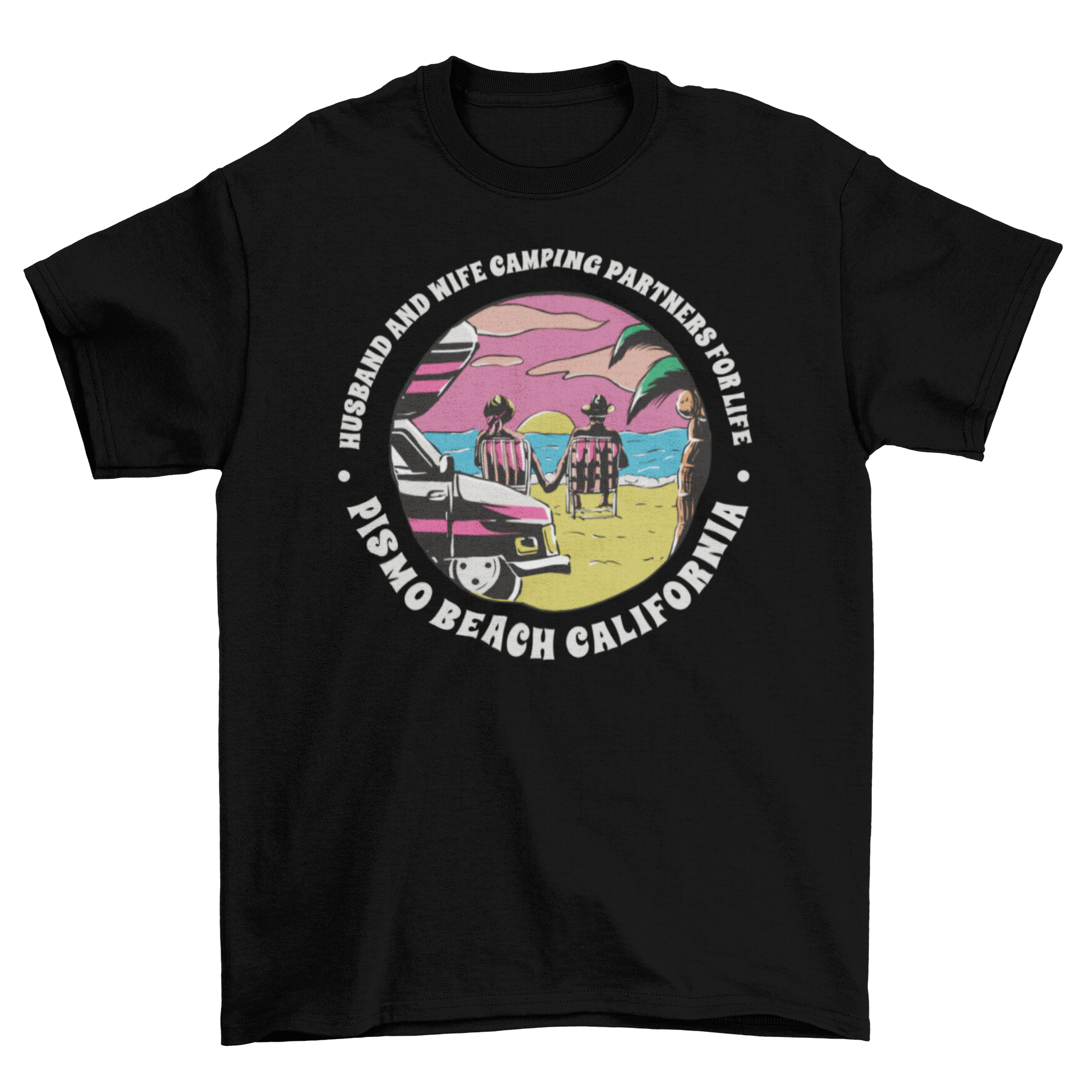 Couple in love on the beach t-shirt featuring a couple holding hands with a camping quote.