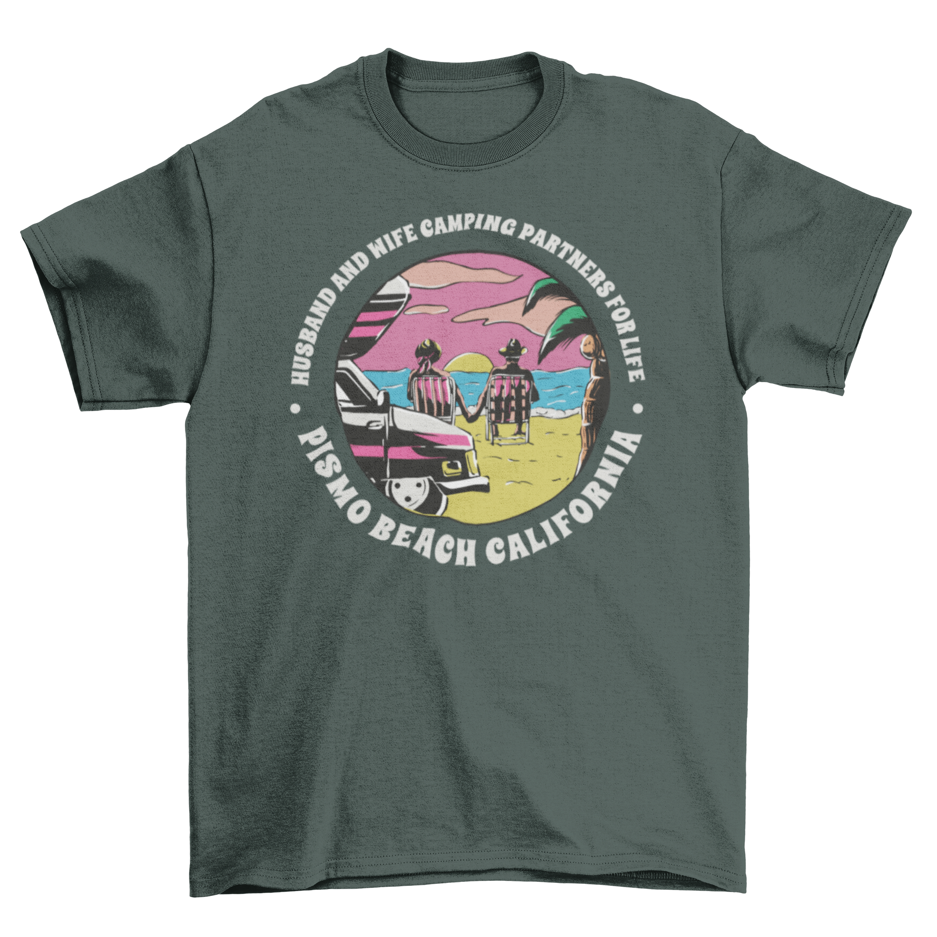 Couple in love on the beach t-shirt featuring a couple holding hands with a camping quote.