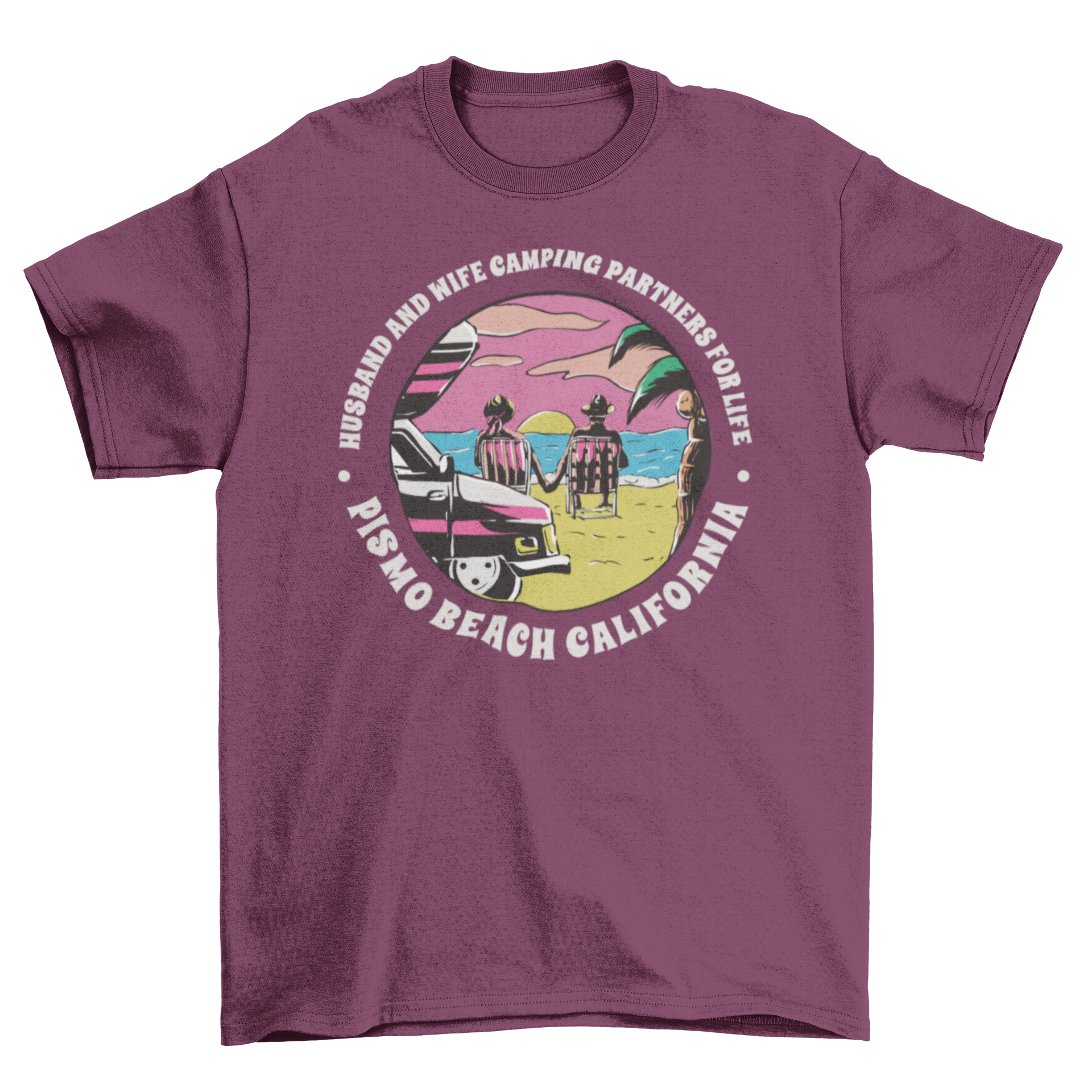 Couple in love on the beach t-shirt featuring a couple holding hands with a camping quote.