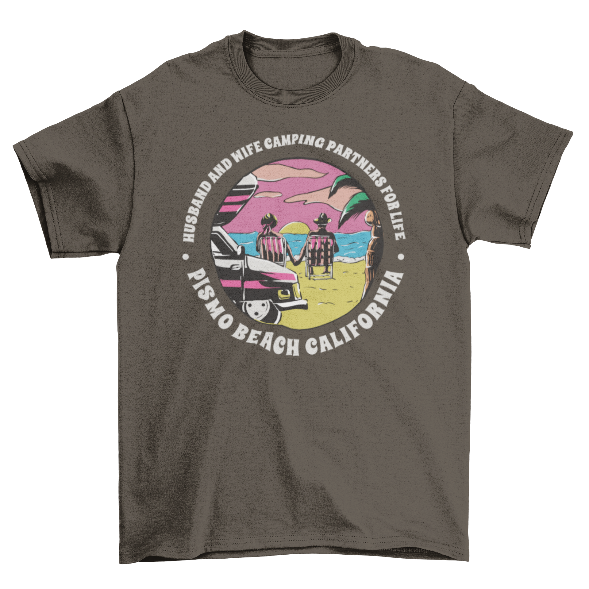 Couple in love on the beach t-shirt featuring a couple holding hands with a camping quote.