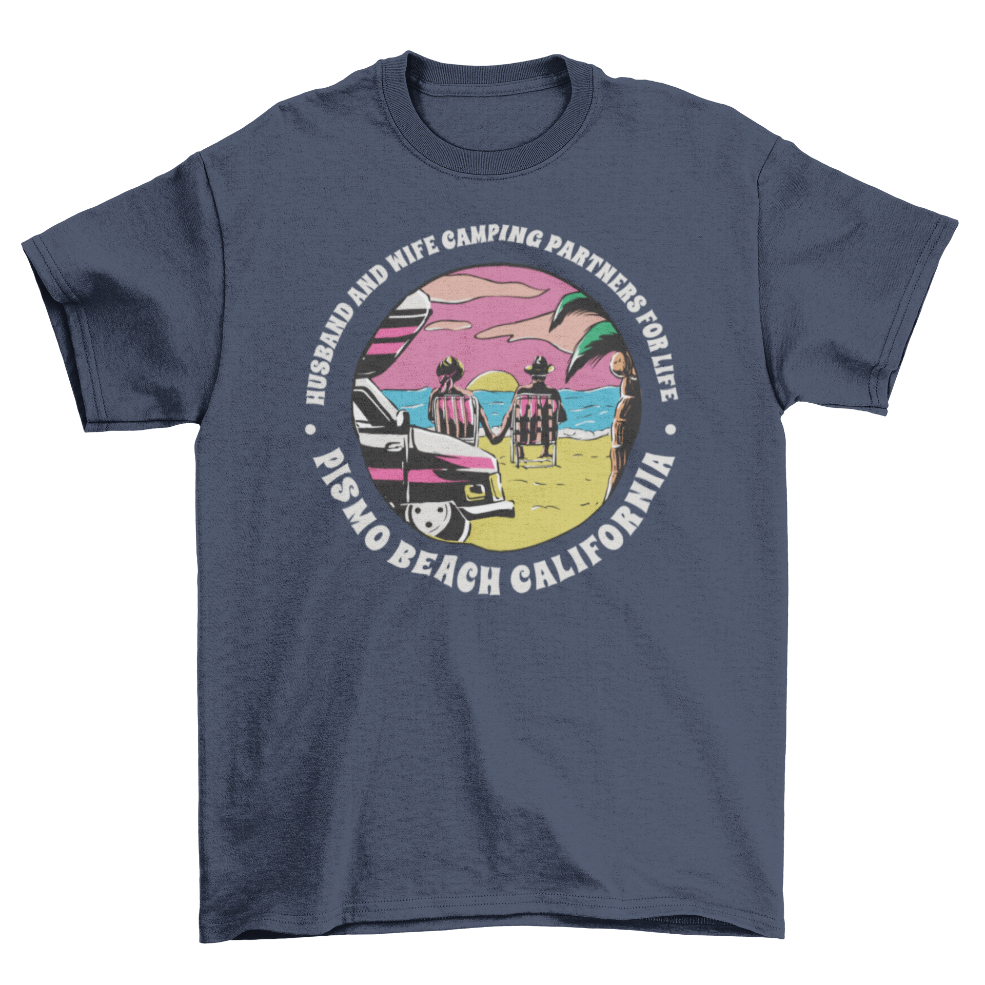 Couple in love on the beach t-shirt featuring a couple holding hands with a camping quote.