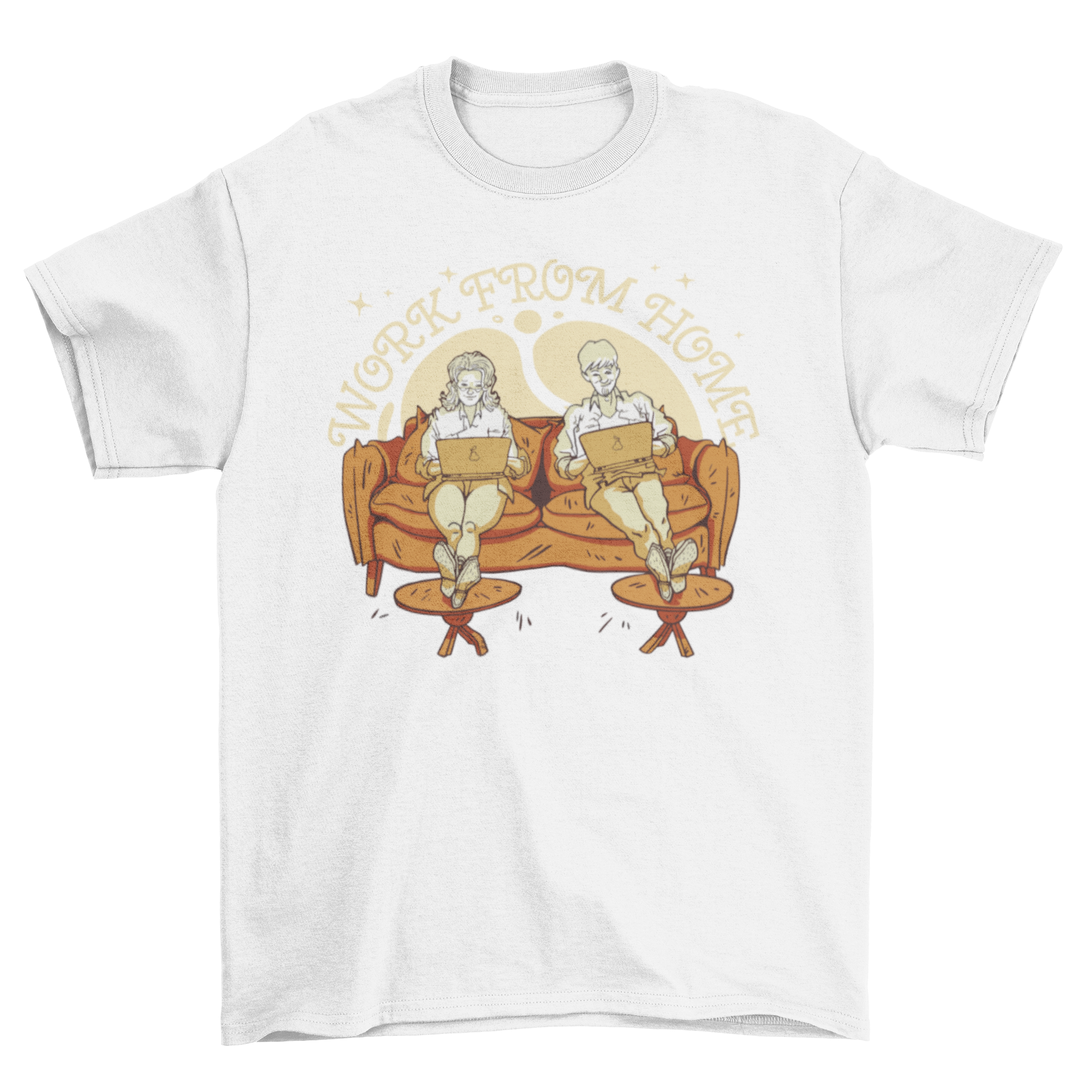Couple working from home t-shirt featuring a man and woman on a couch with laptops, showcasing a modern remote work lifestyle.