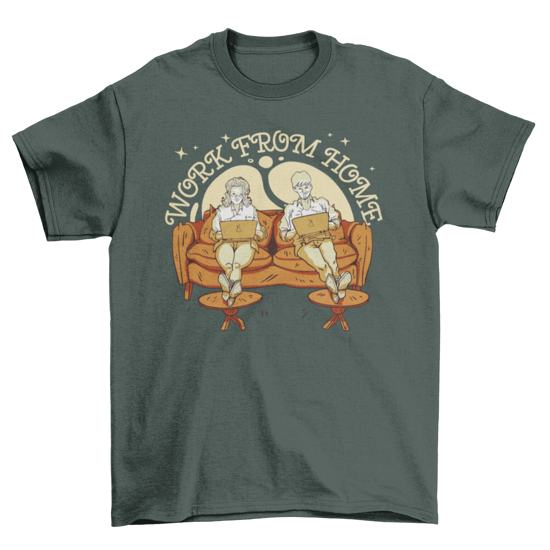 Couple working from home t-shirt featuring a man and woman on a couch with laptops, showcasing a modern remote work lifestyle.